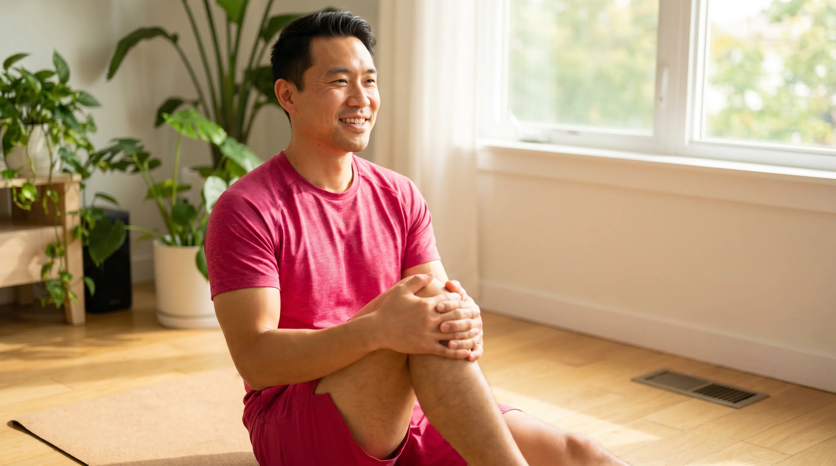 A fit adult in athletic wear doing calm mobility work on a mat in soft morning light, gently stretching a healing knee during recovery