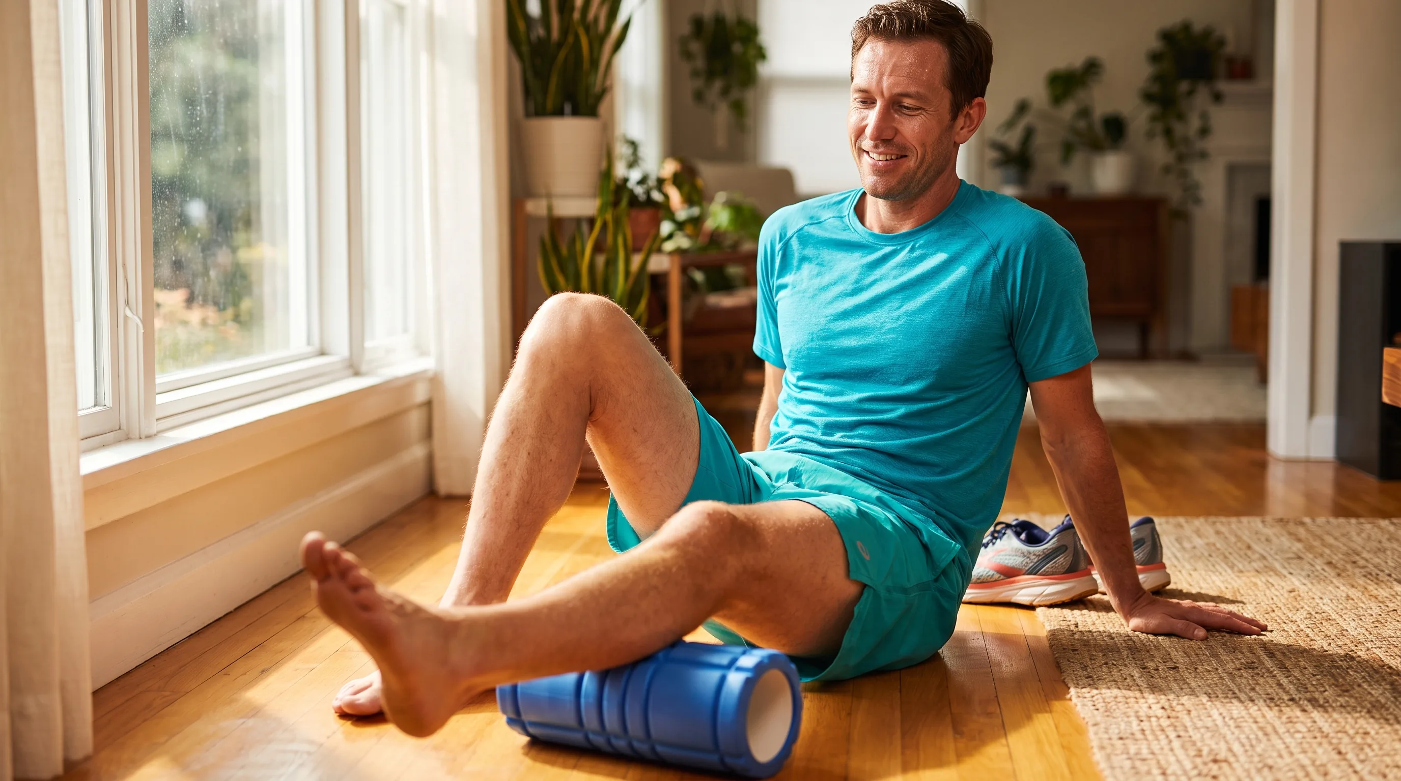 A fit adult in their thirties foam-rolling a calf on a bright wood floor at home after a run, easing sore muscles during a calm recovery moment
