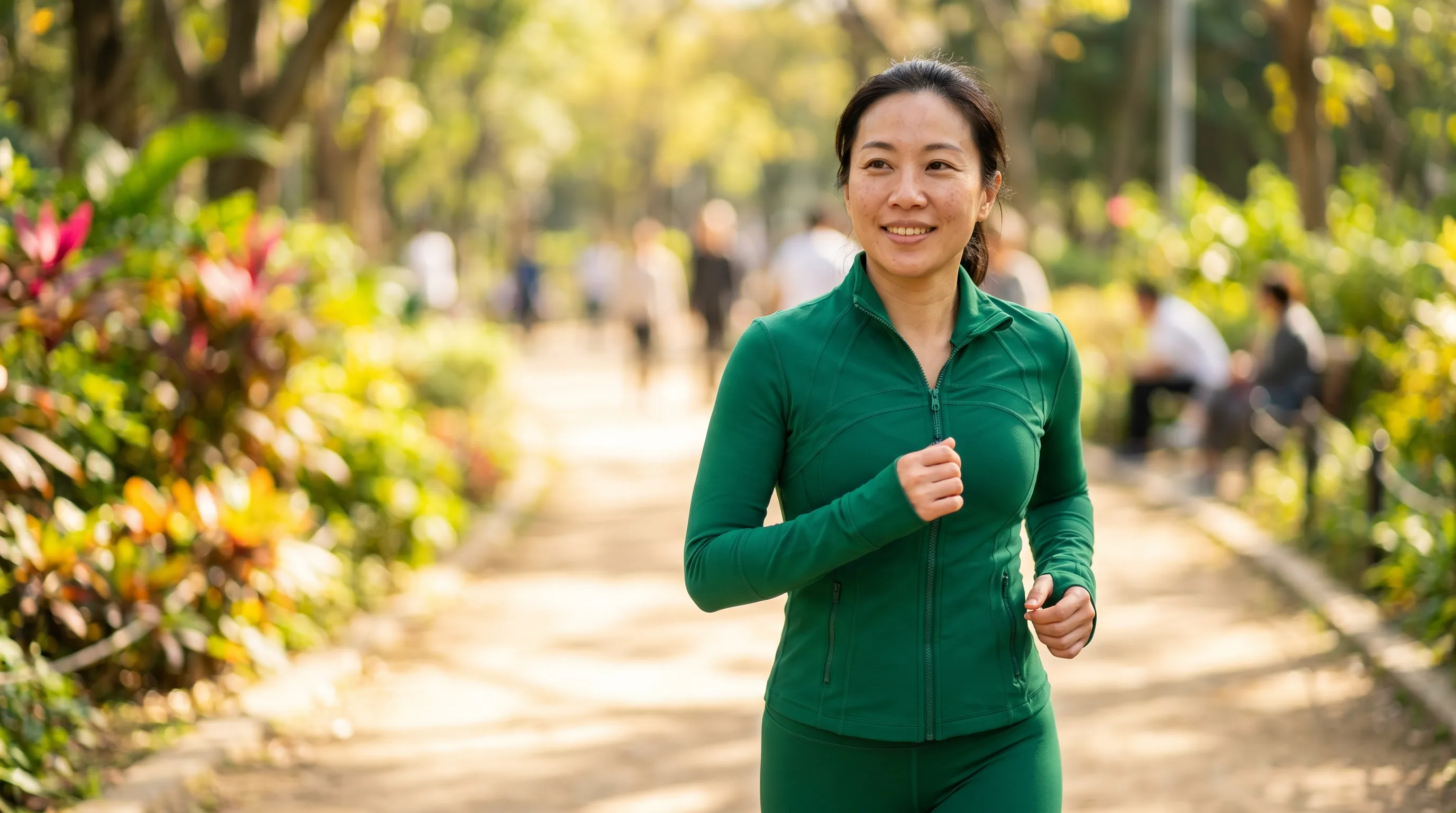 A fit adult in athletic wear easing into a light jog on a sunlit park path, mid-recovery from a training strain