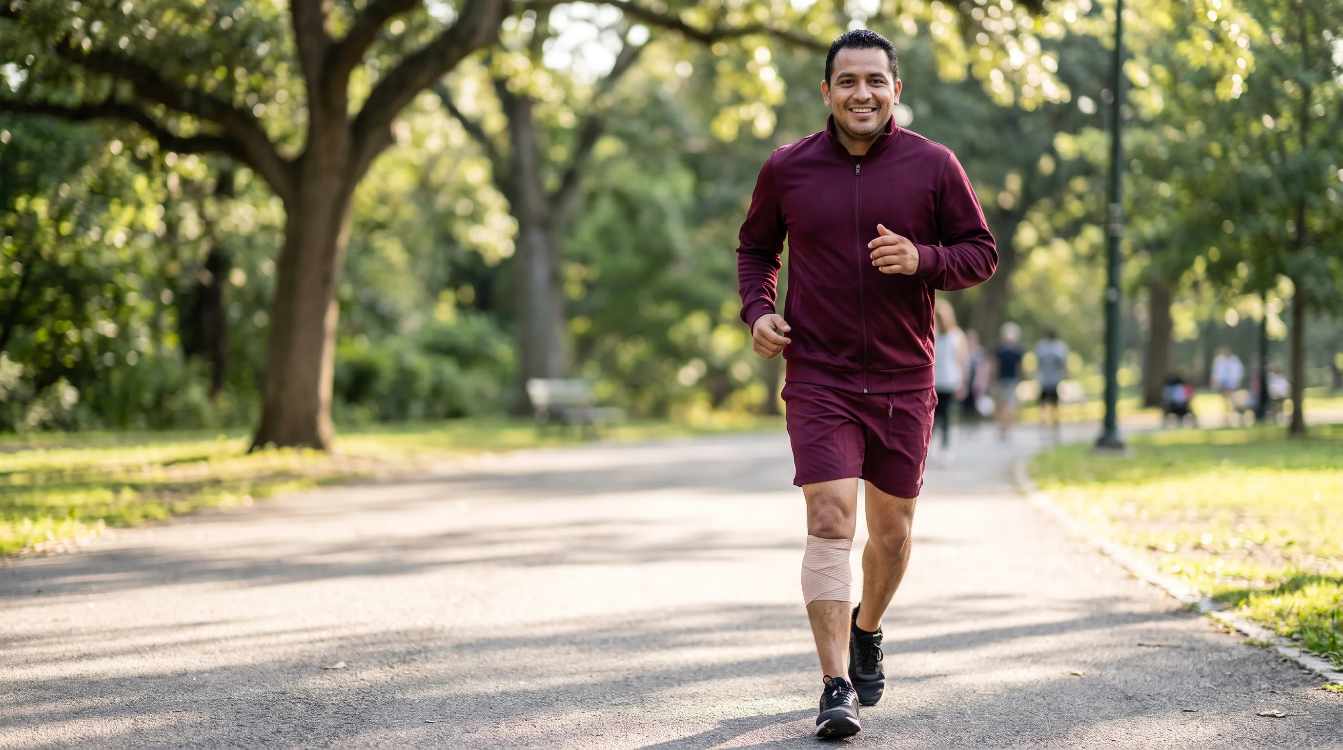 A fit adult in athletic wear easing into a light jog on a sunlit park path, mid-recovery from a training strain