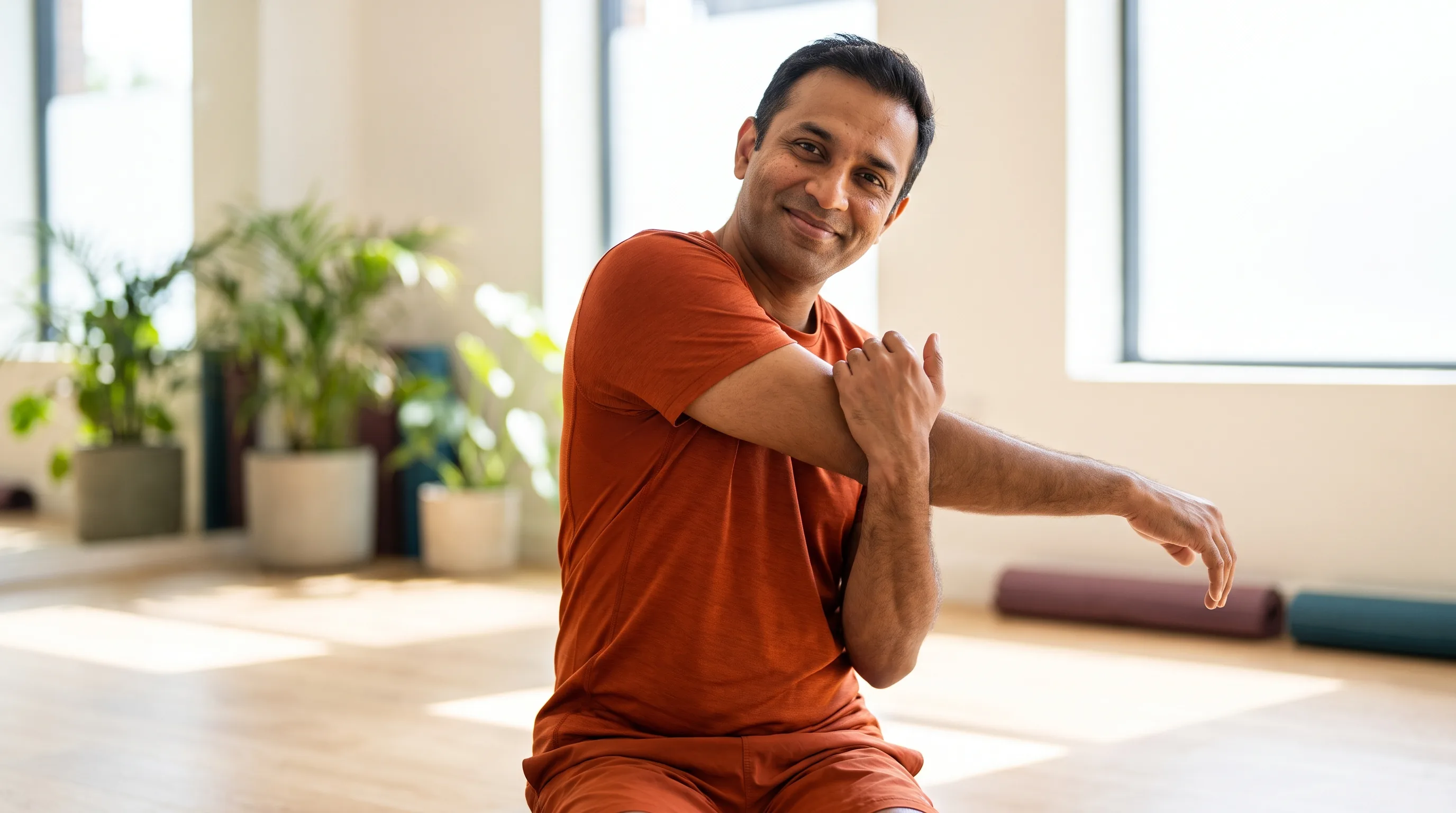 A fit adult in athletic wear doing slow mobility work on a bright studio floor, easing a healing shoulder through a gentle stretch during recovery
