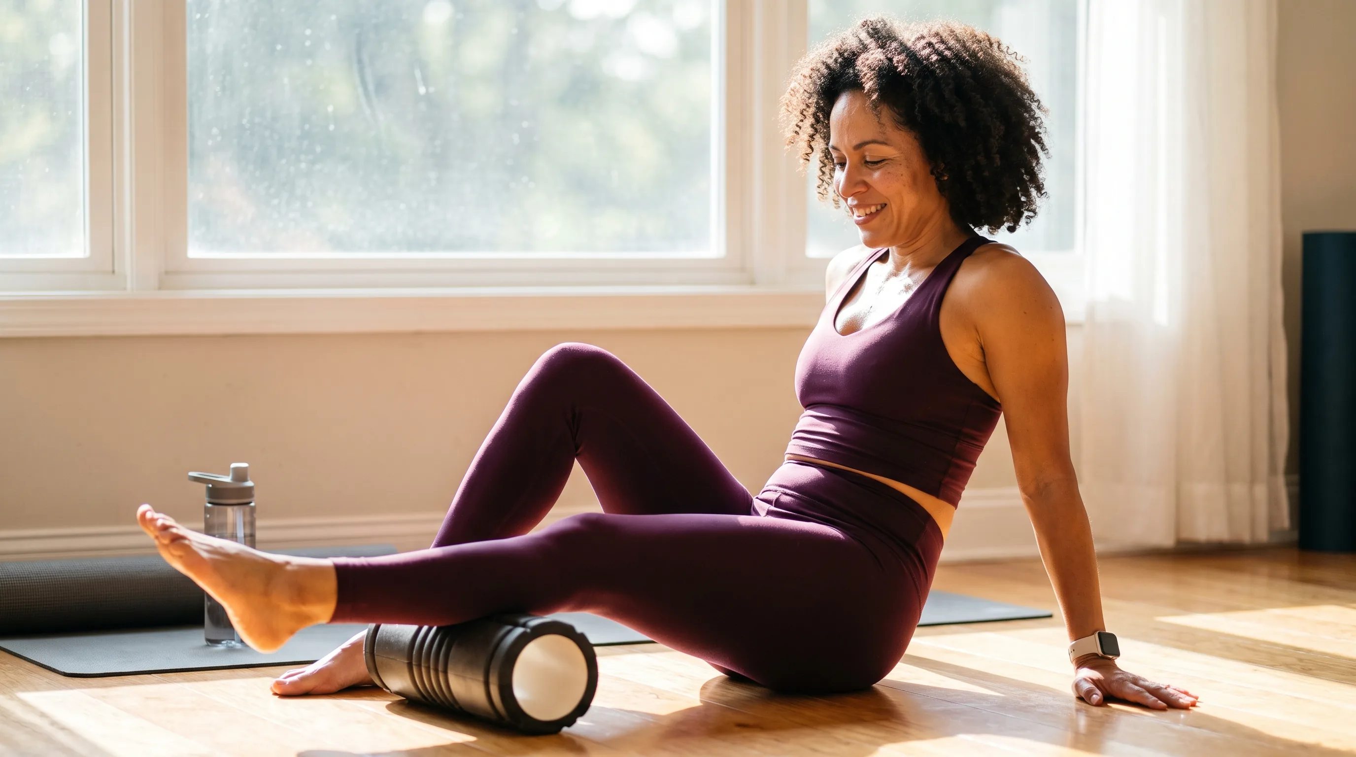 A fit adult in athletic wear foam-rolling a leg on a bright wood floor, easing a recovering muscle after training