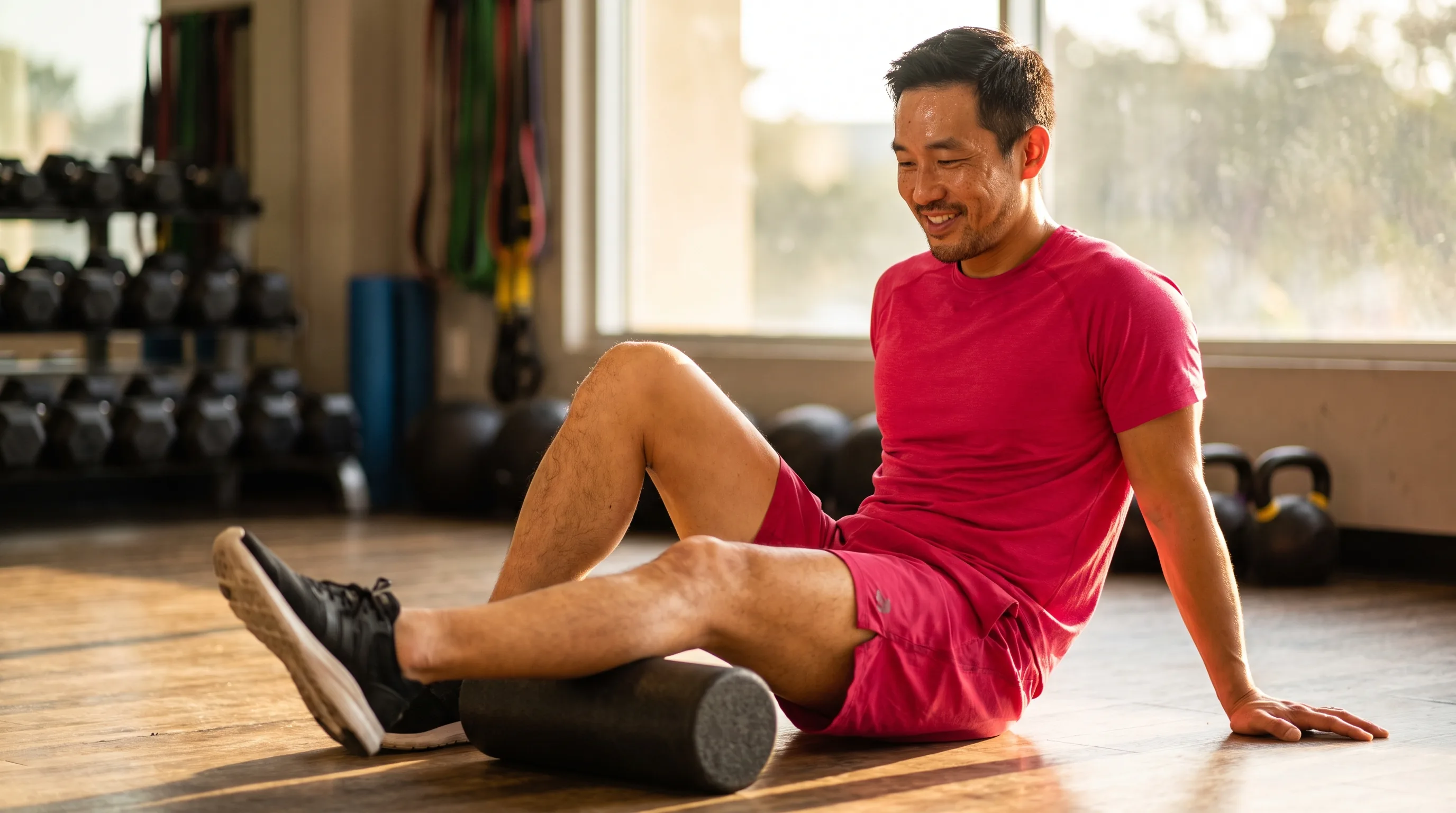 A fit adult in their thirties sitting on a gym floor after a workout, calmly foam-rolling one leg during a recovery session, warm natural light