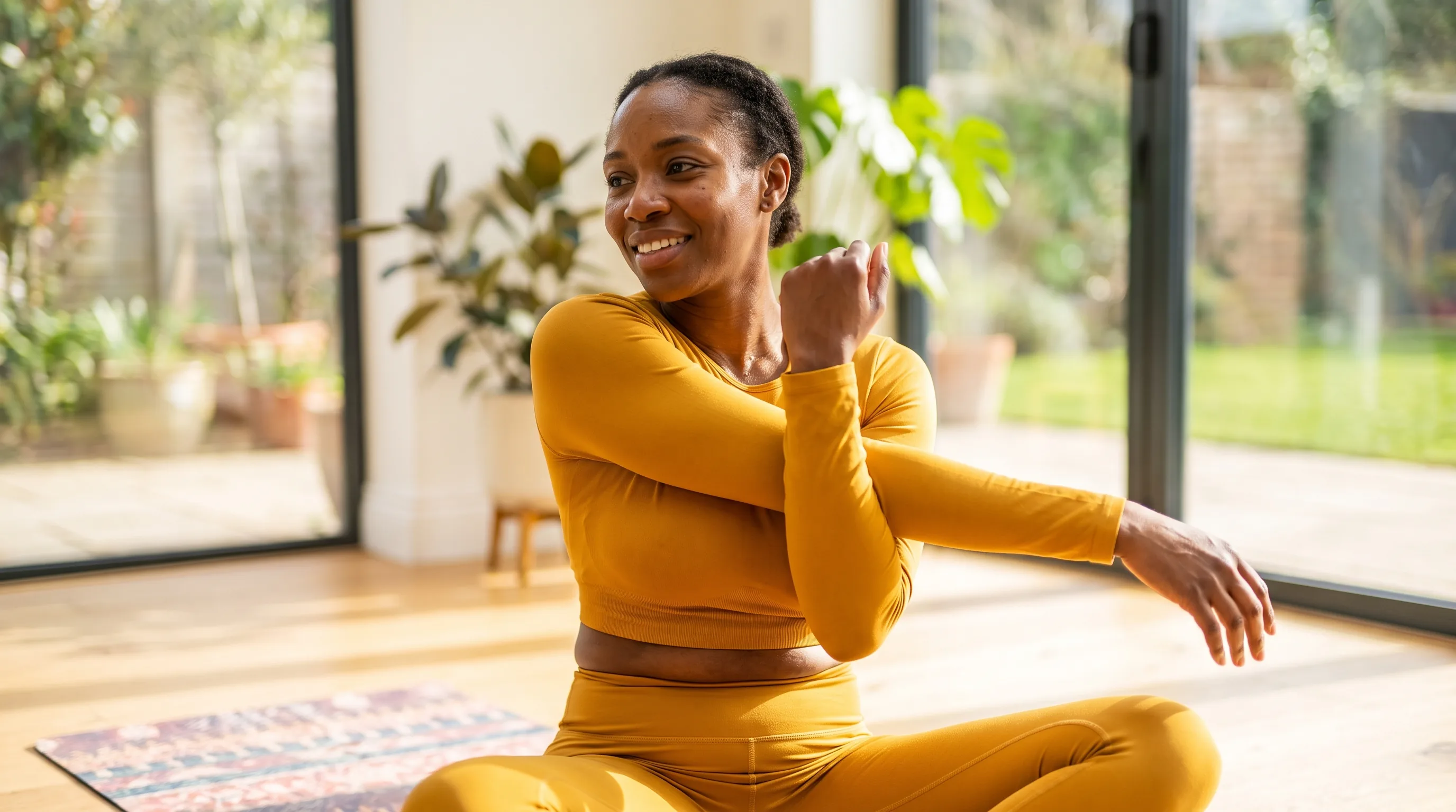 A fit adult in athletic wear doing calm mobility work on a yoga mat in bright natural light, easing a healing shoulder back into motion