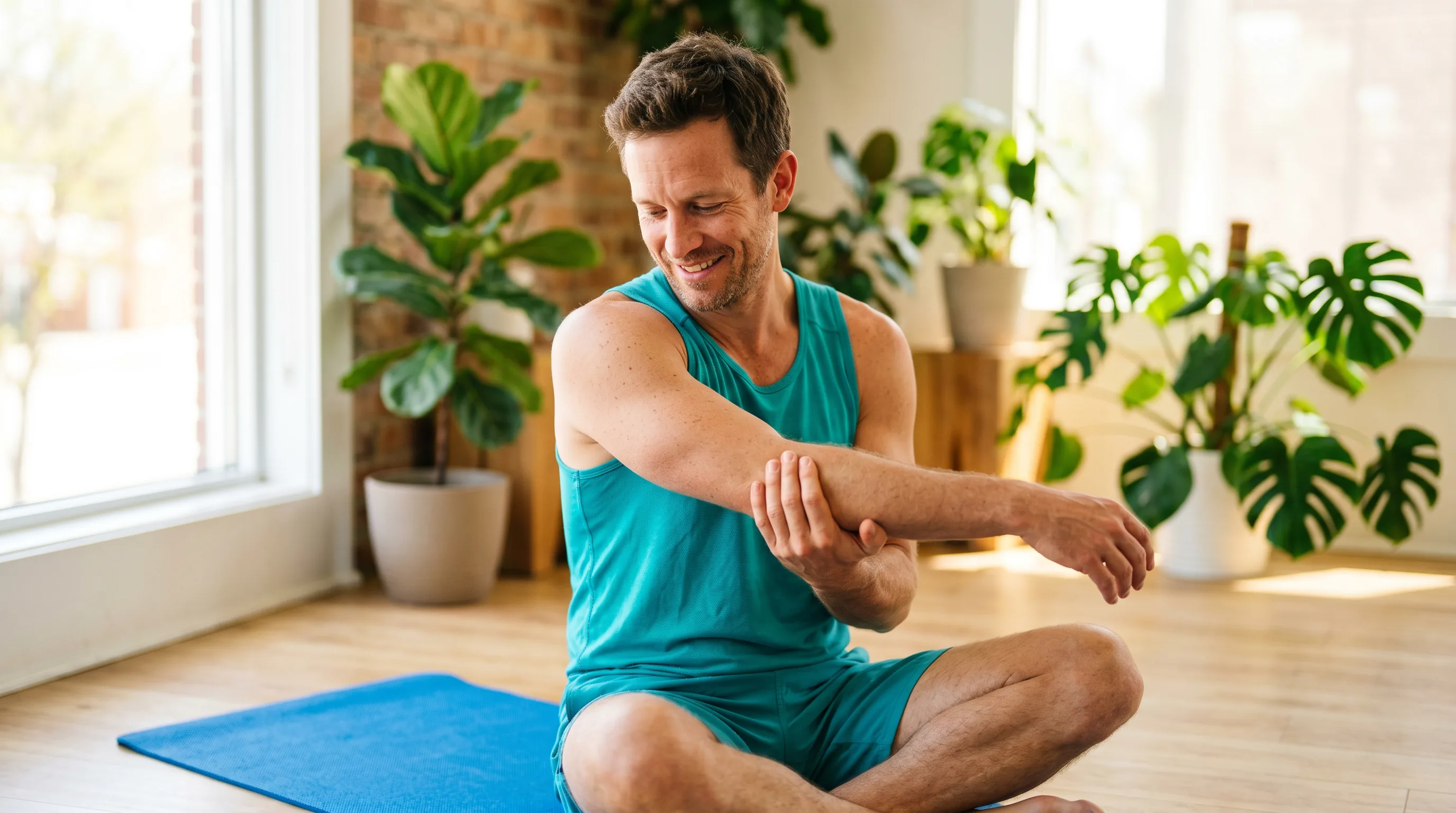 A fit adult in athletic wear doing calm mobility work on a yoga mat in bright natural light, easing a healing shoulder back into motion