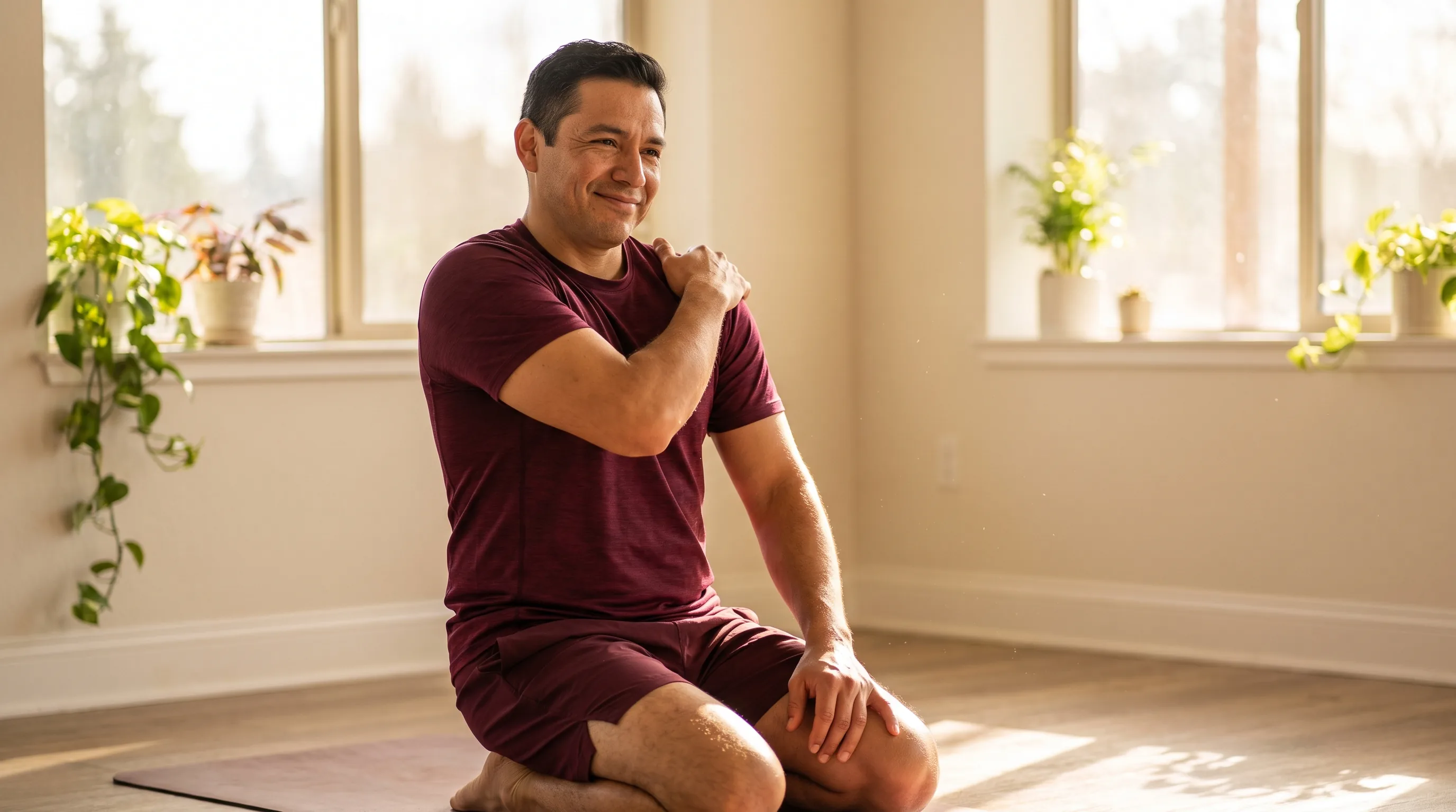 A fit adult in workout clothes doing slow mobility work on a mat in a sunlit room, easing a healing shoulder through a gentle stretch
