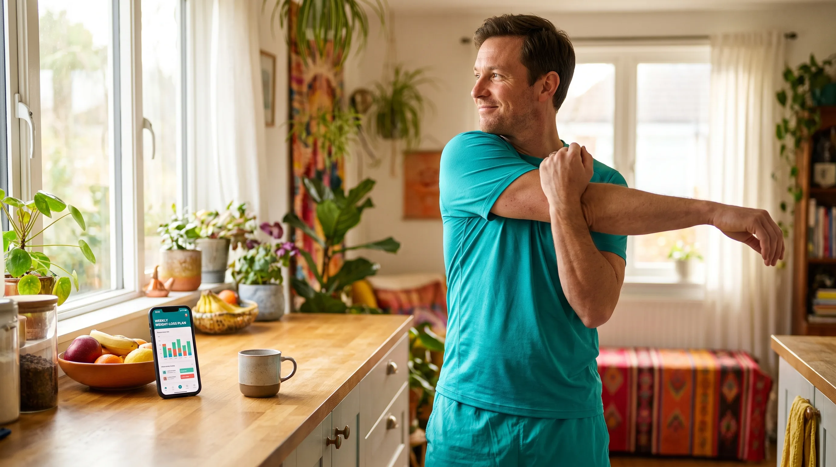 A relaxed adult in workout clothes stretching by a sunlit window after a morning walk, phone on the counter showing a weight-loss plan