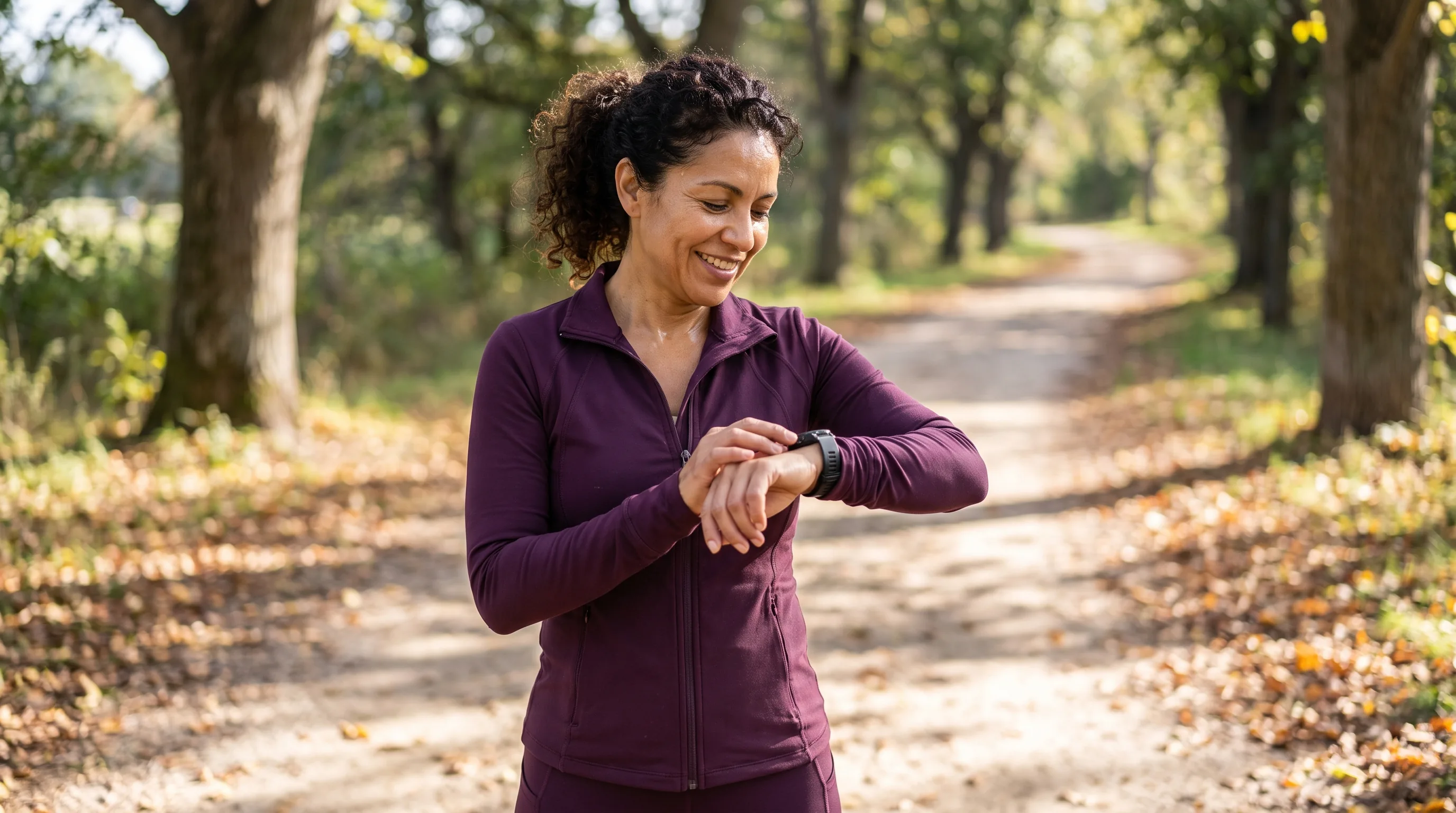 A woman in her 40s in athletic wear finishing a brisk morning walk on a tree-lined path, checking her watch, calm and energized