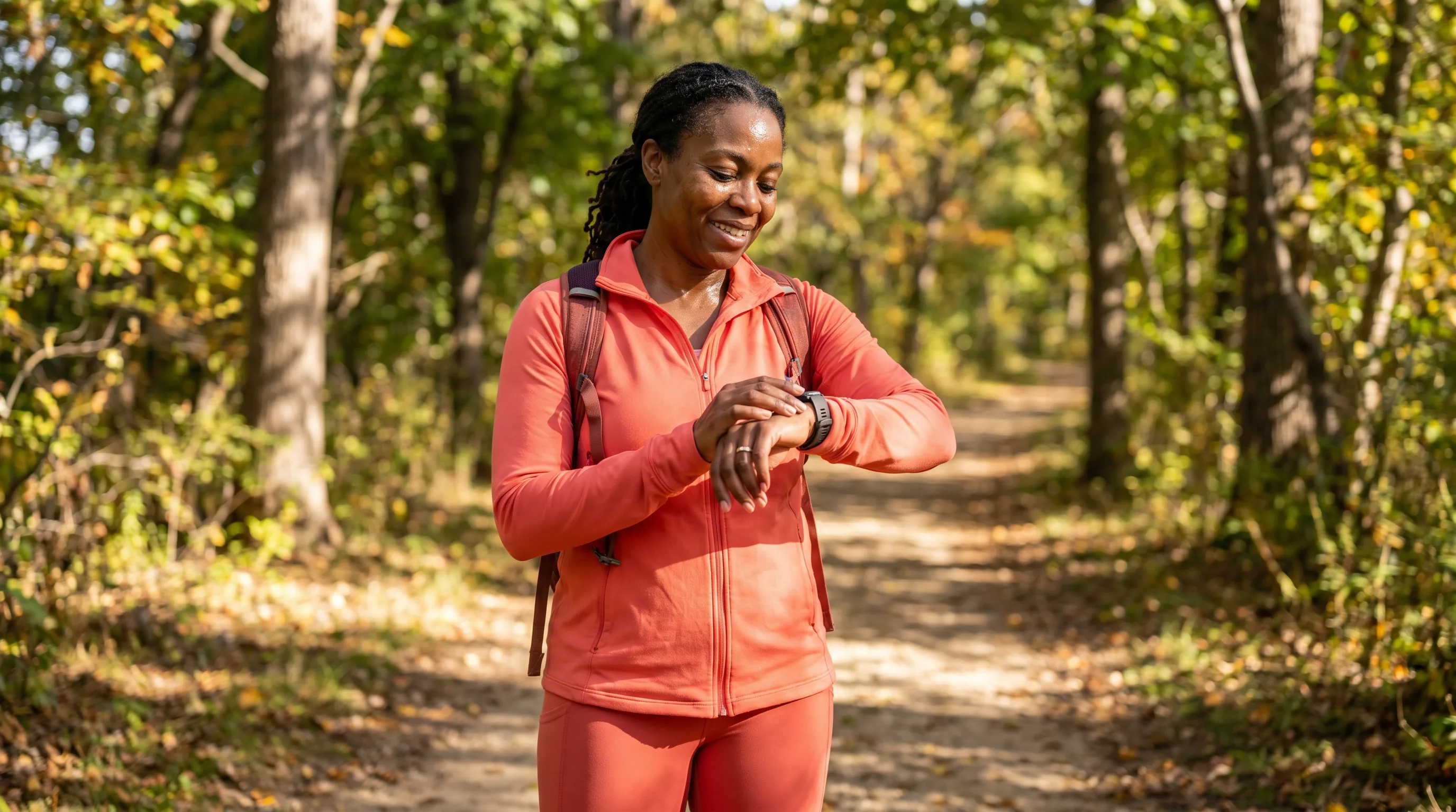 A woman in her 40s in athletic wear finishing a brisk morning walk on a tree-lined path, checking her watch, calm and energized