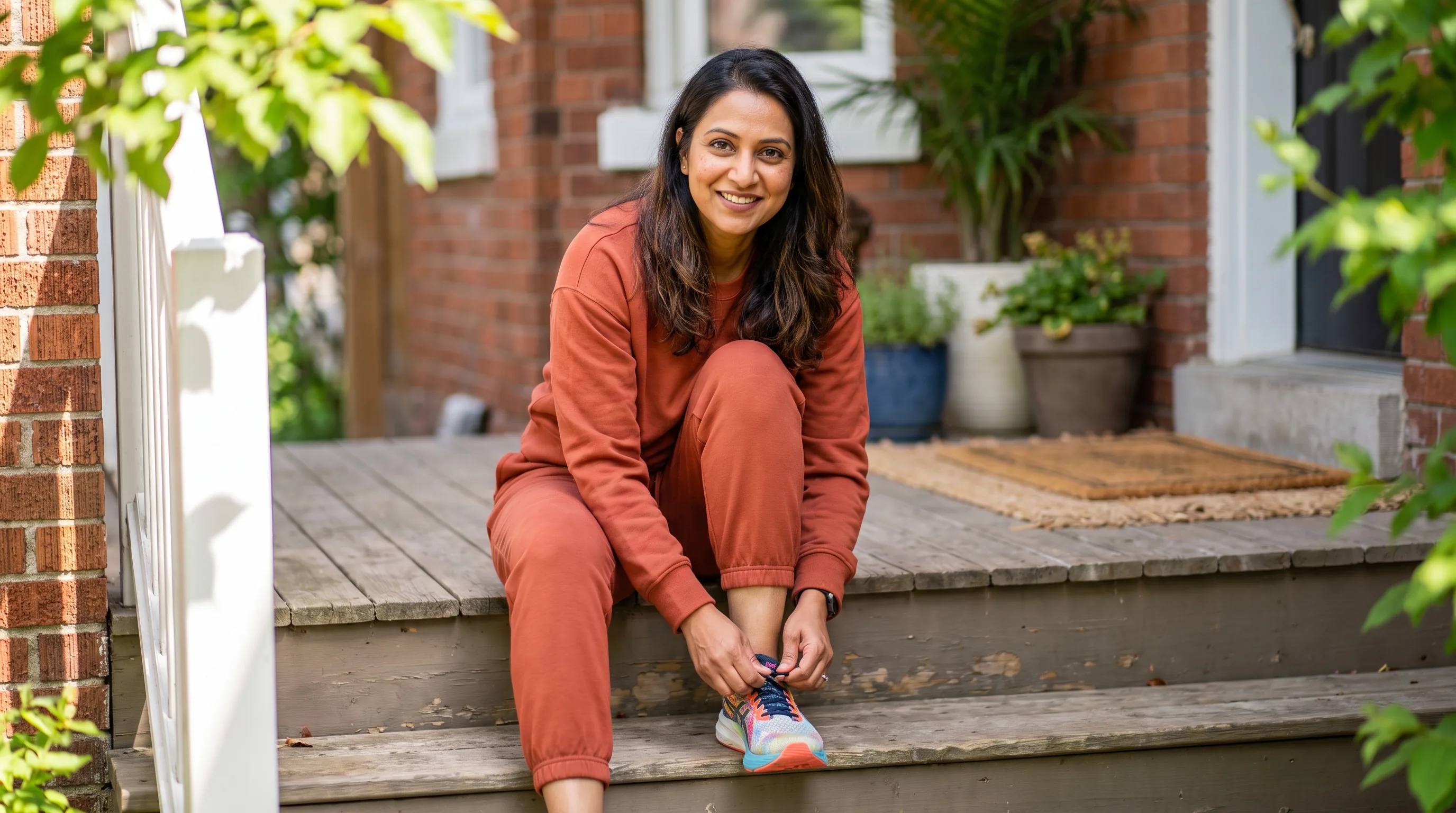 A woman in her late thirties lacing up running shoes on her front steps on a bright morning, calm and focused before a walk