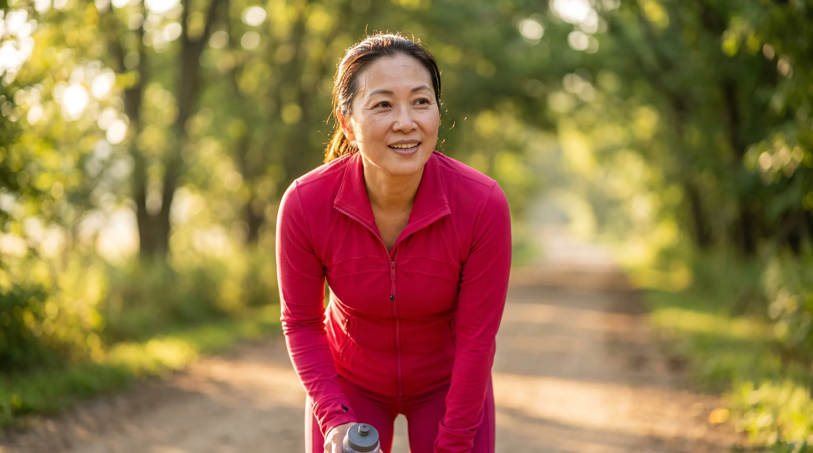 A woman in her forties in athletic wear finishing a brisk morning walk on a tree-lined path, smiling and relaxed