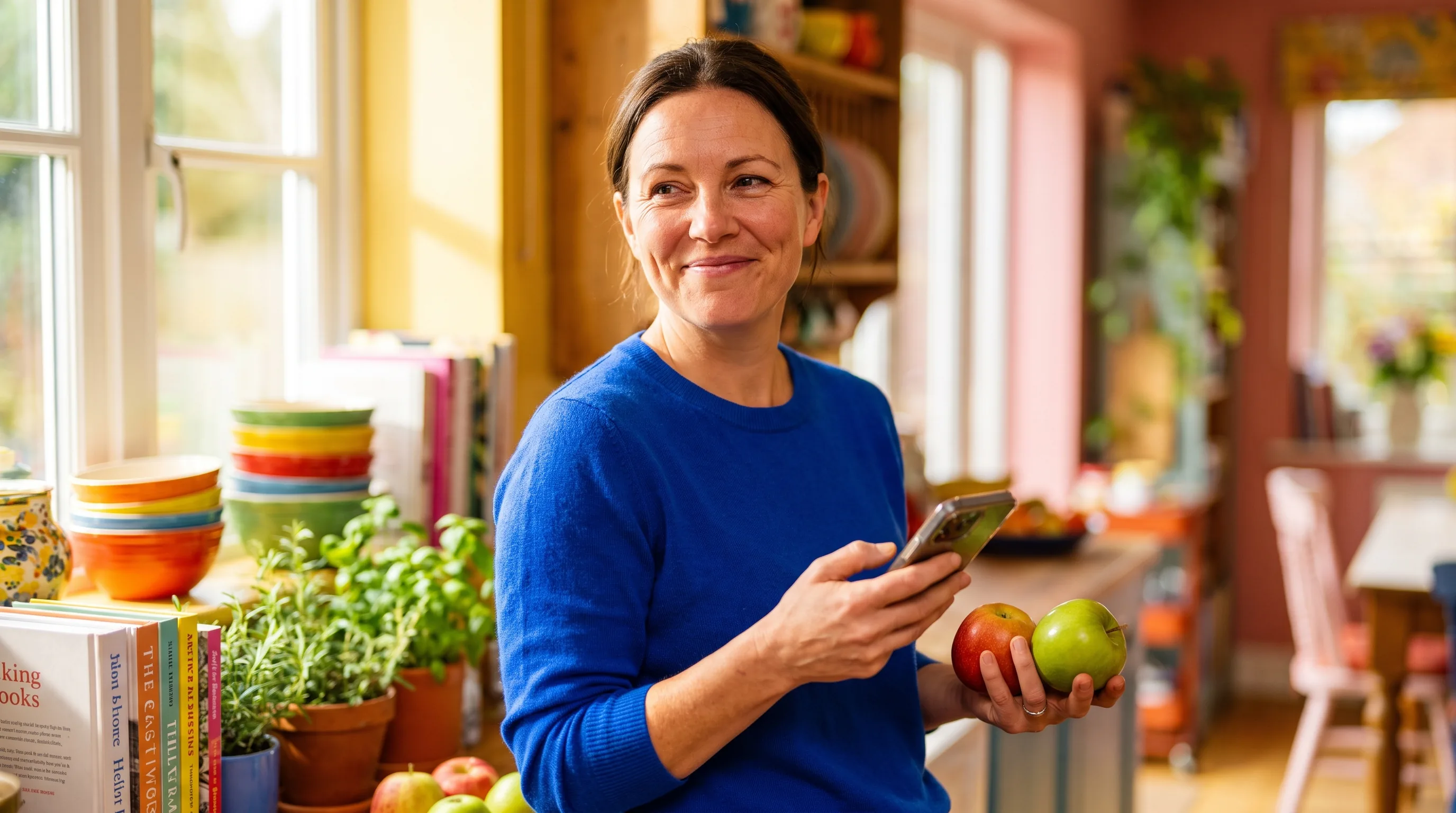 A warm, colorful photo of a happy, healthy adult standing in a sunlit kitchen, phone in hand, calmly weighing two options with an easy smile