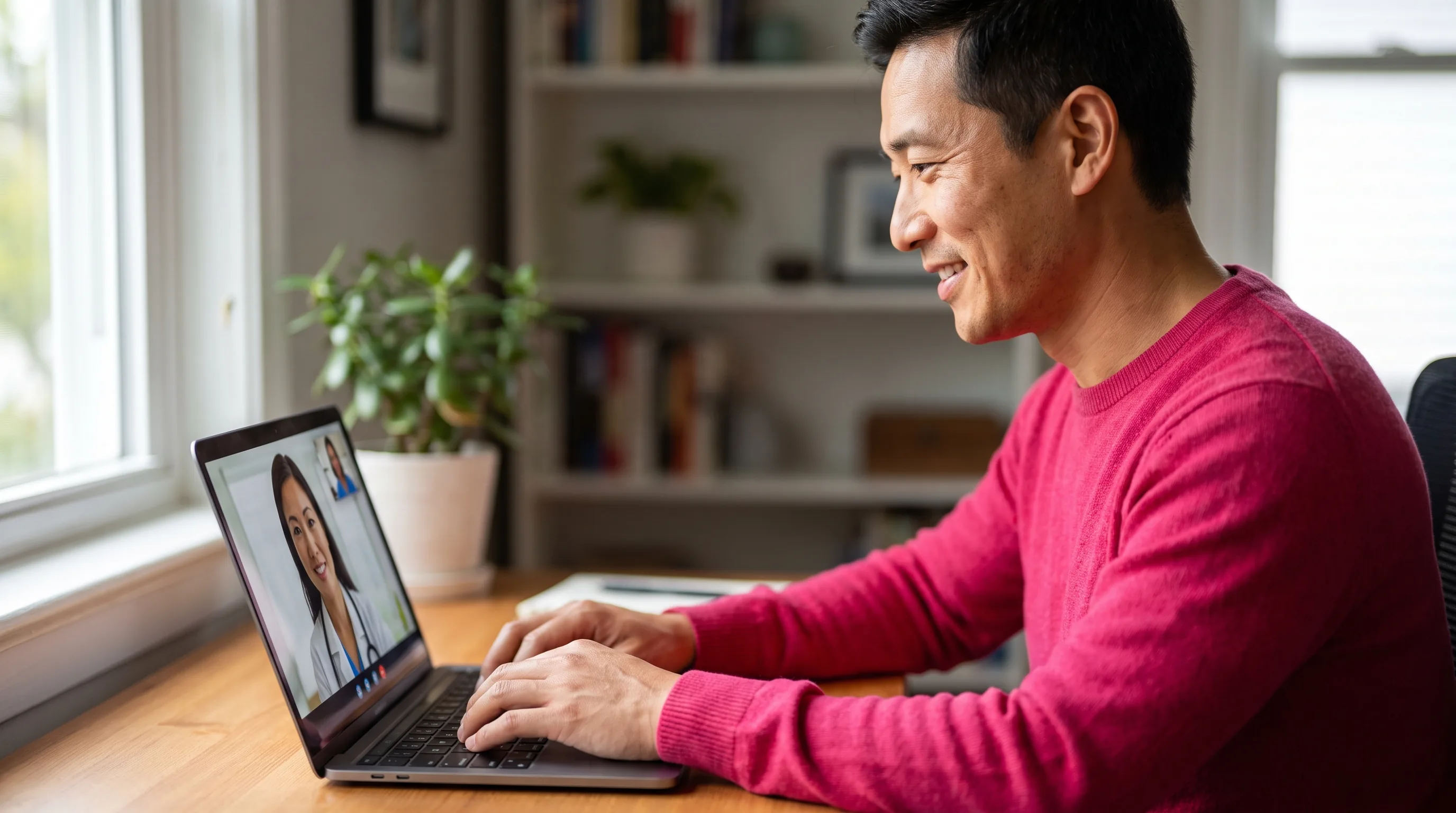 A person in their 30s reading peptide safety information at a bright kitchen table before a telehealth visit, calm and considered