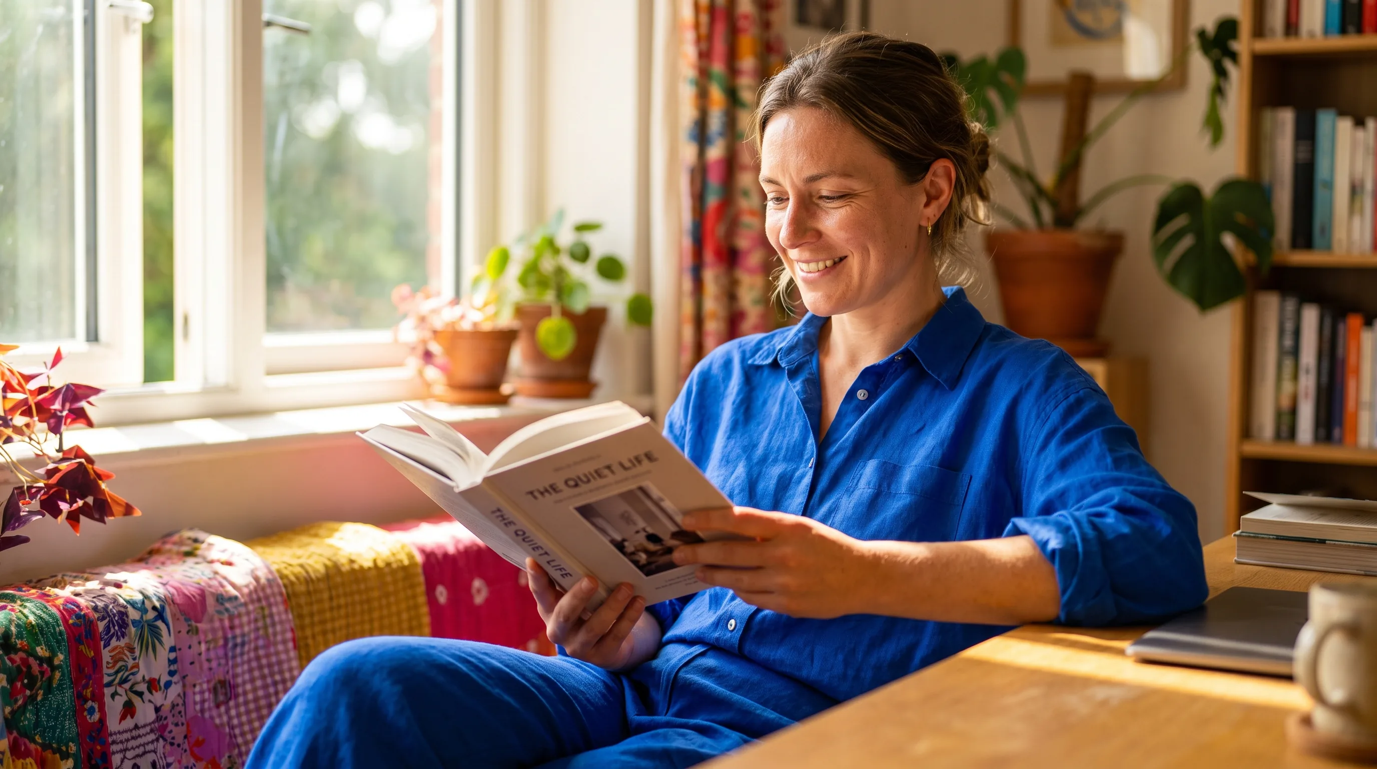 A focused person reading at a sunlit desk with a clear, unhurried expression, calm and at ease