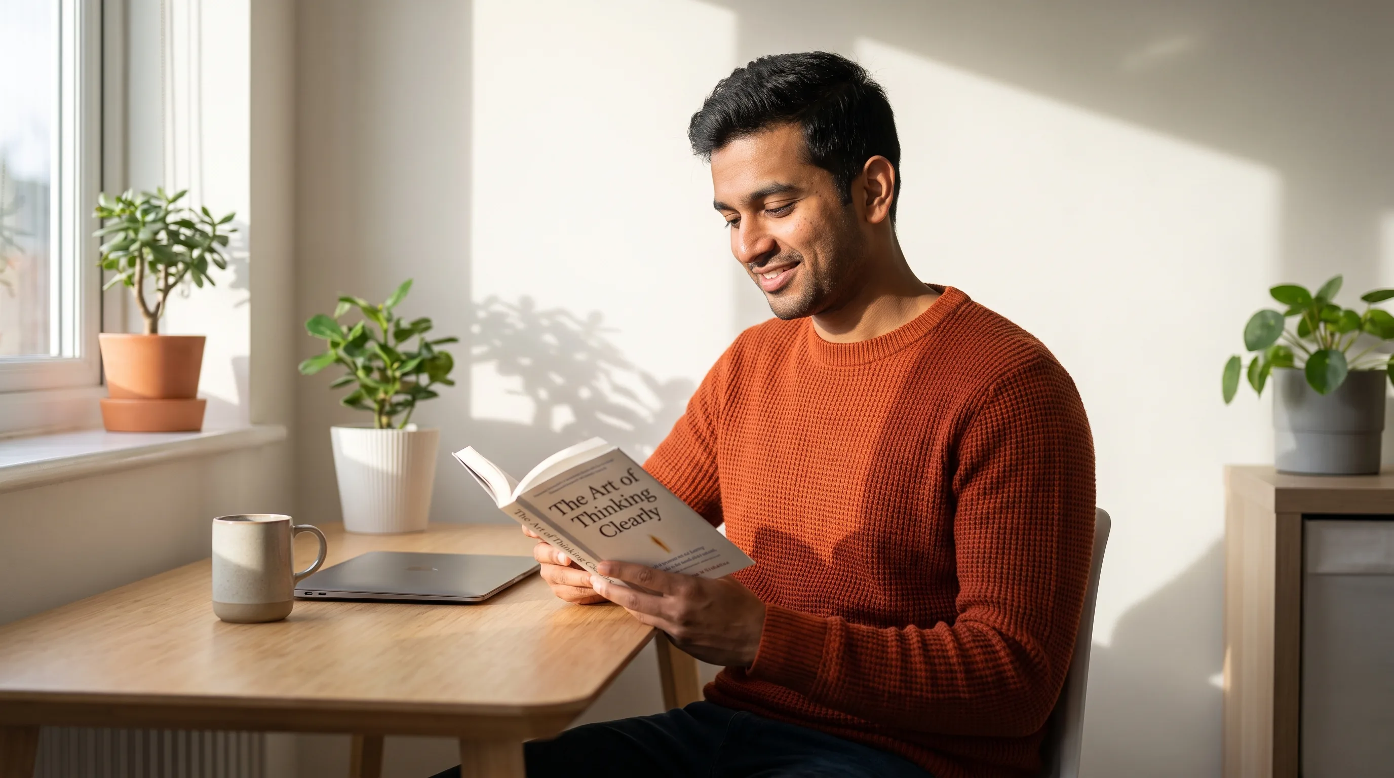 A focused knowledge worker reading at a bright, tidy desk with a clear, calm head, morning light on the wall