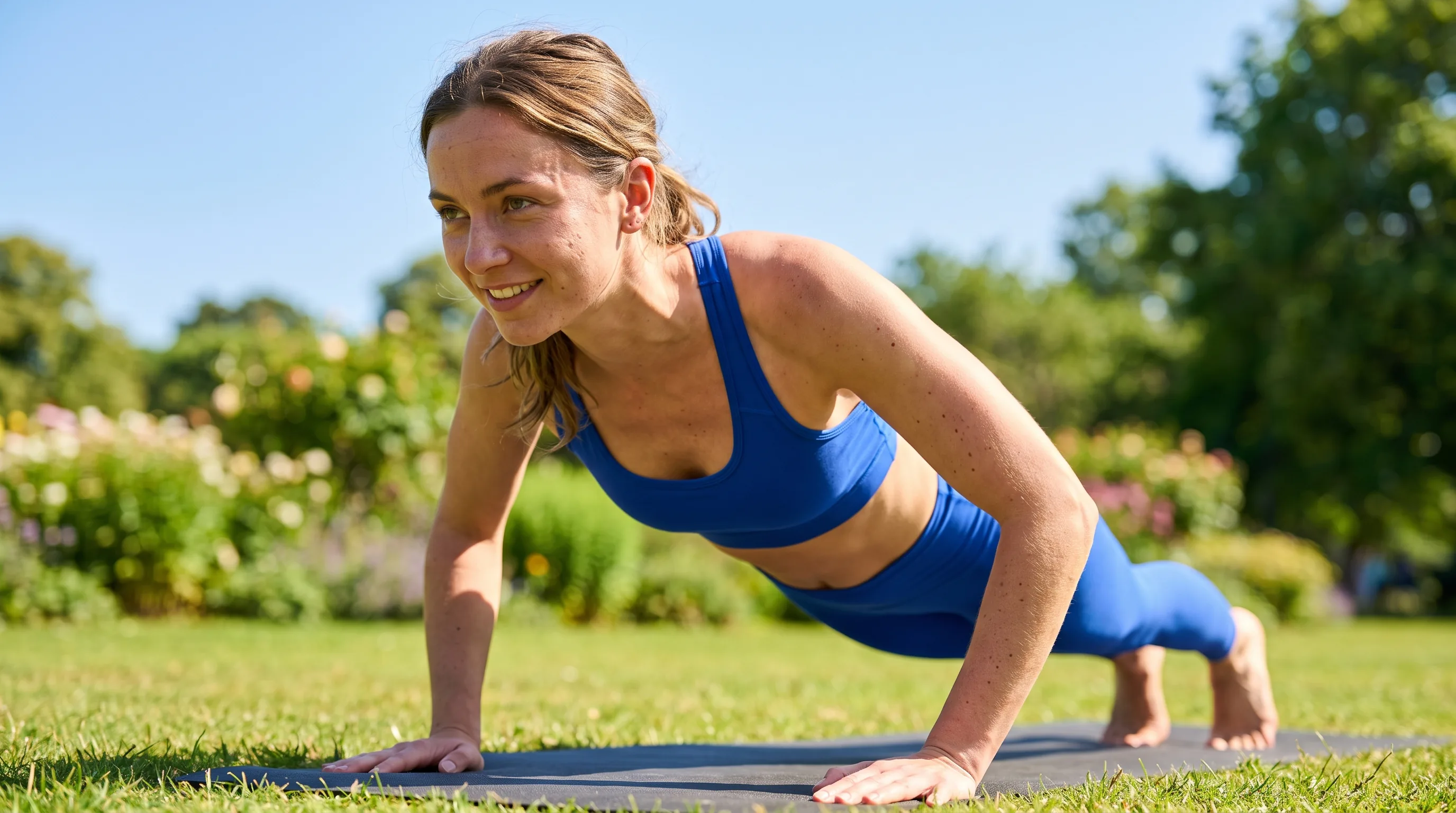 A lean, athletic woman in their 20s doing push-ups on a mat