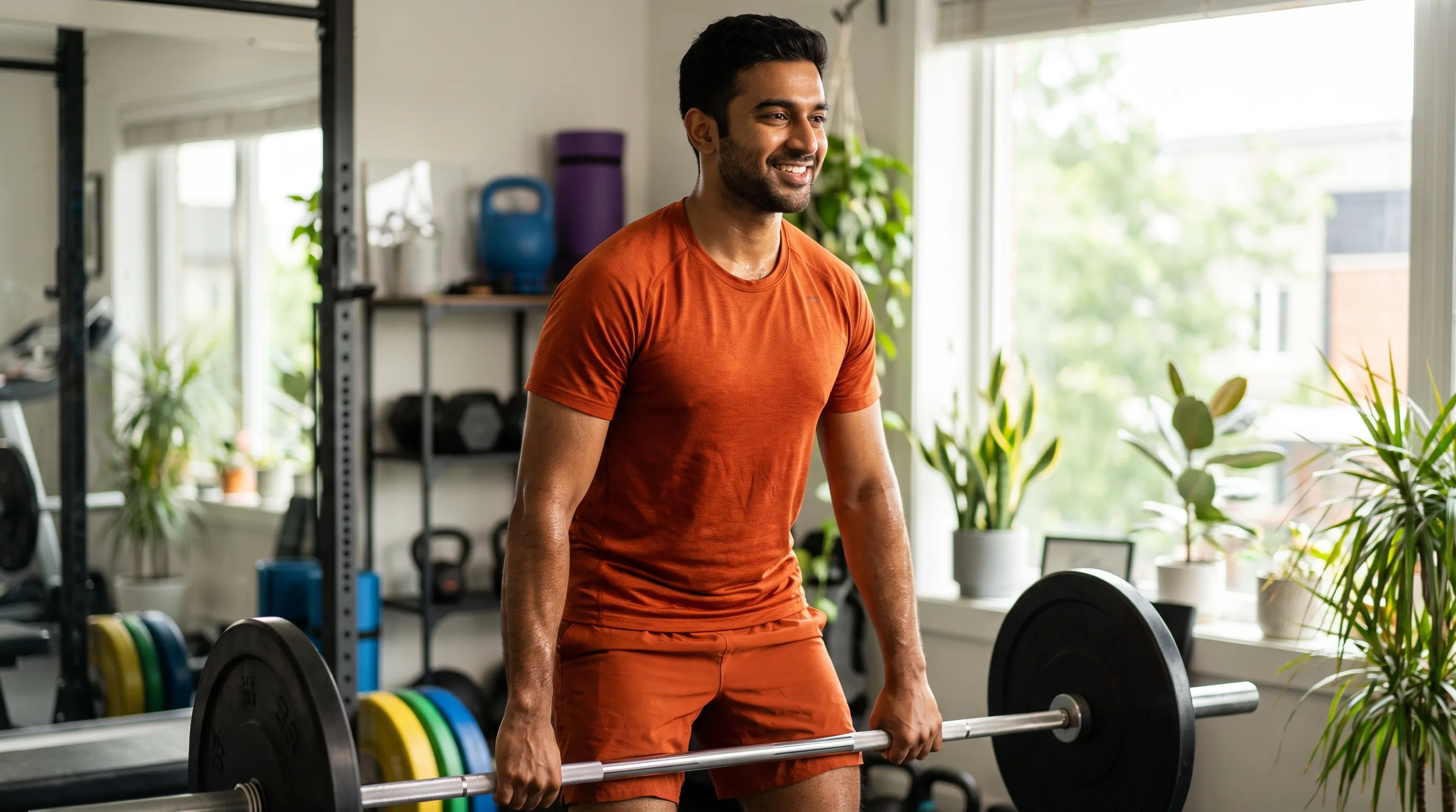 A lean, athletic man in their 20s lifting a barbell in a home gym