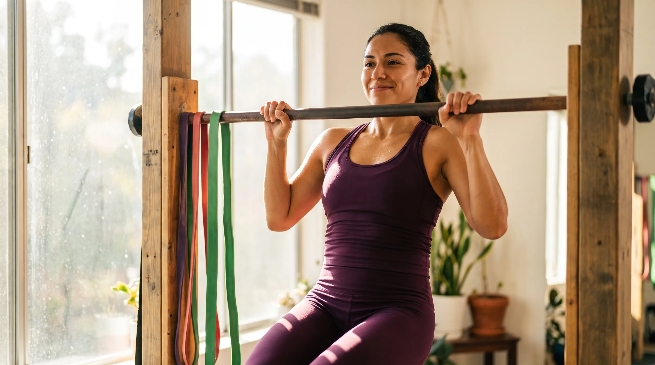 A lean, athletic woman in their 20s doing pull-ups in a home gym