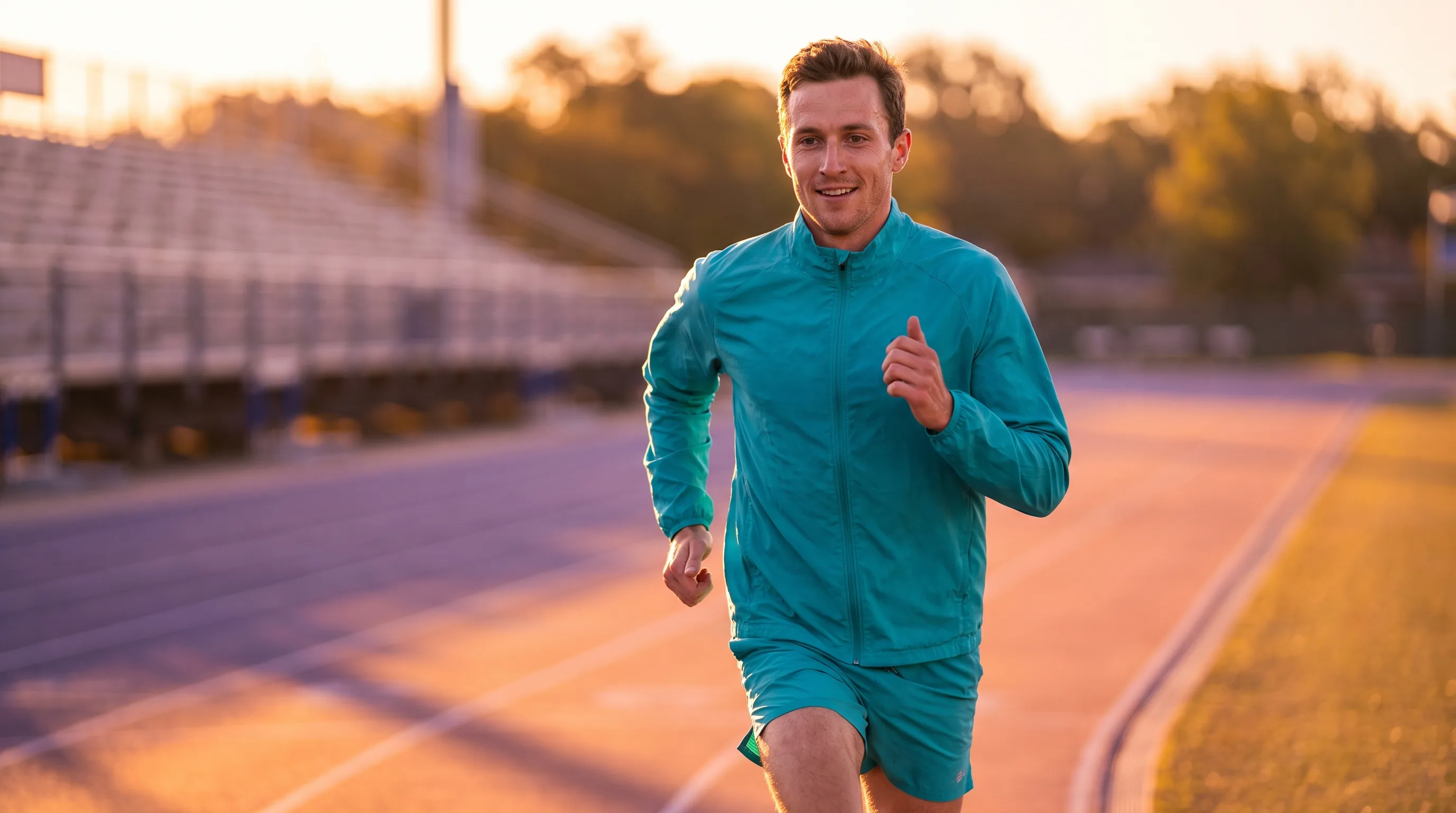 A lean, athletic man in their 20s sprinting on a track at sunrise