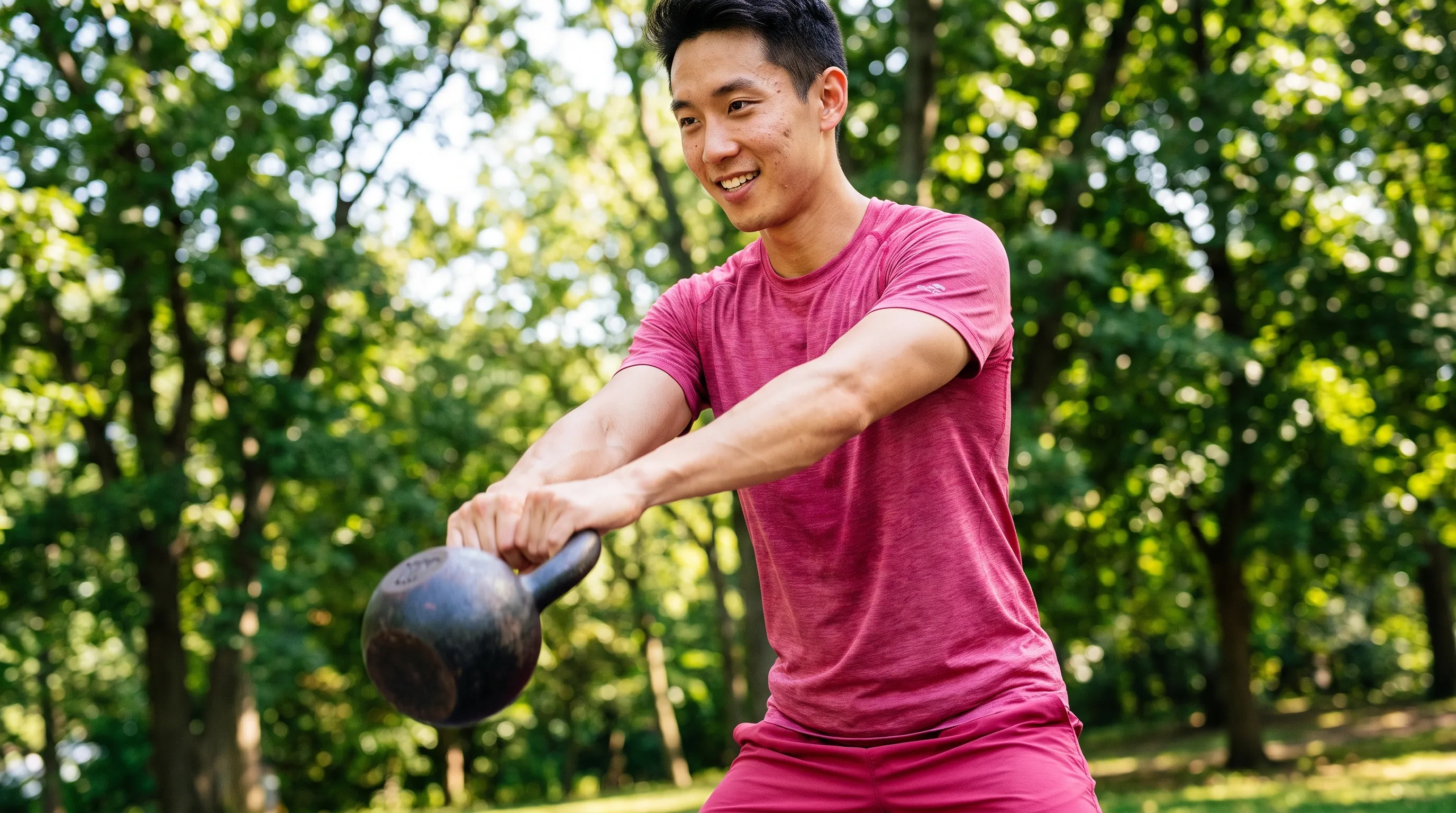 A lean, athletic man in their 20s training with a kettlebell