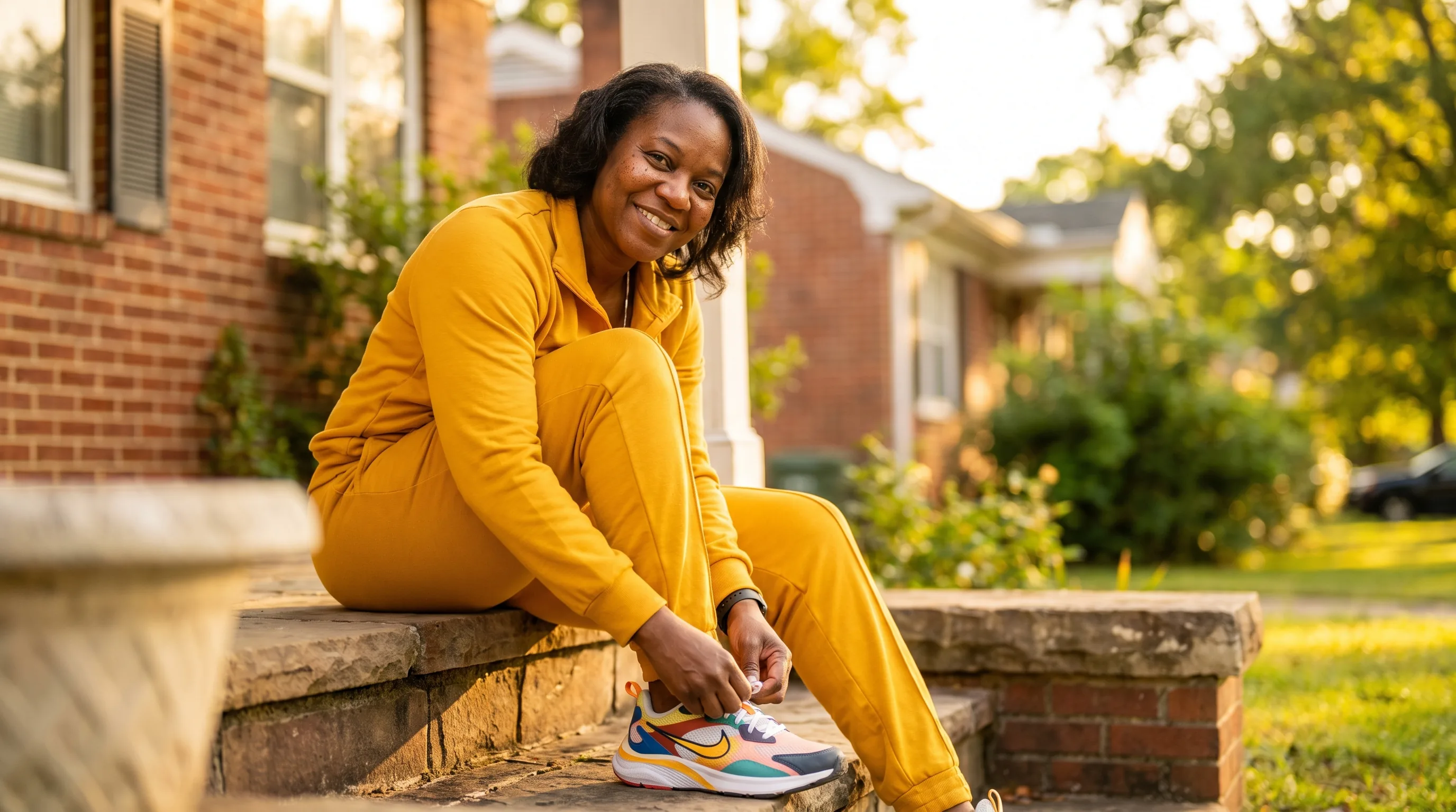 A woman in her 40s lacing up walking shoes on her front steps on a bright morning, ready for a brisk walk
