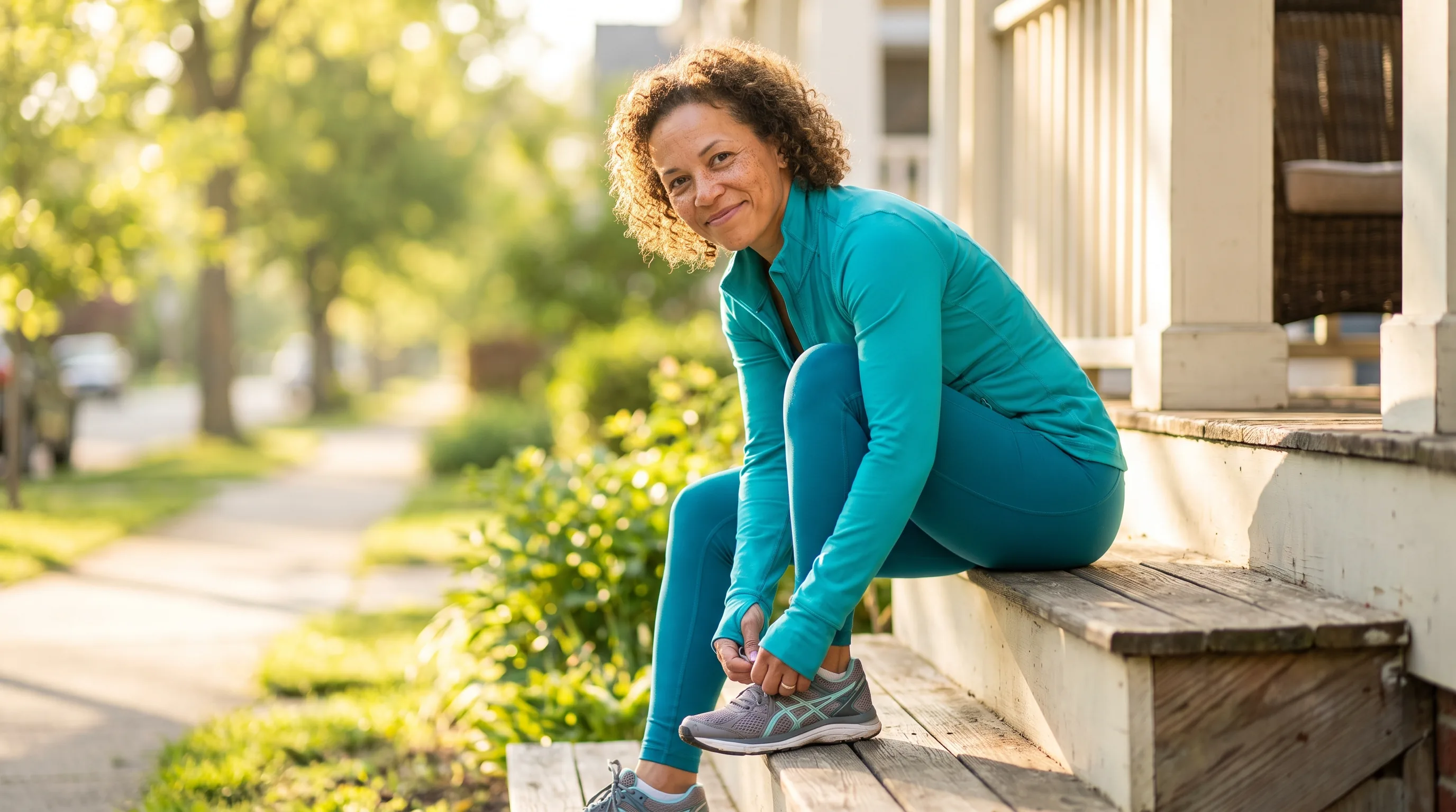 A woman in her 40s lacing up walking shoes on her front steps on a bright morning, ready for a brisk walk