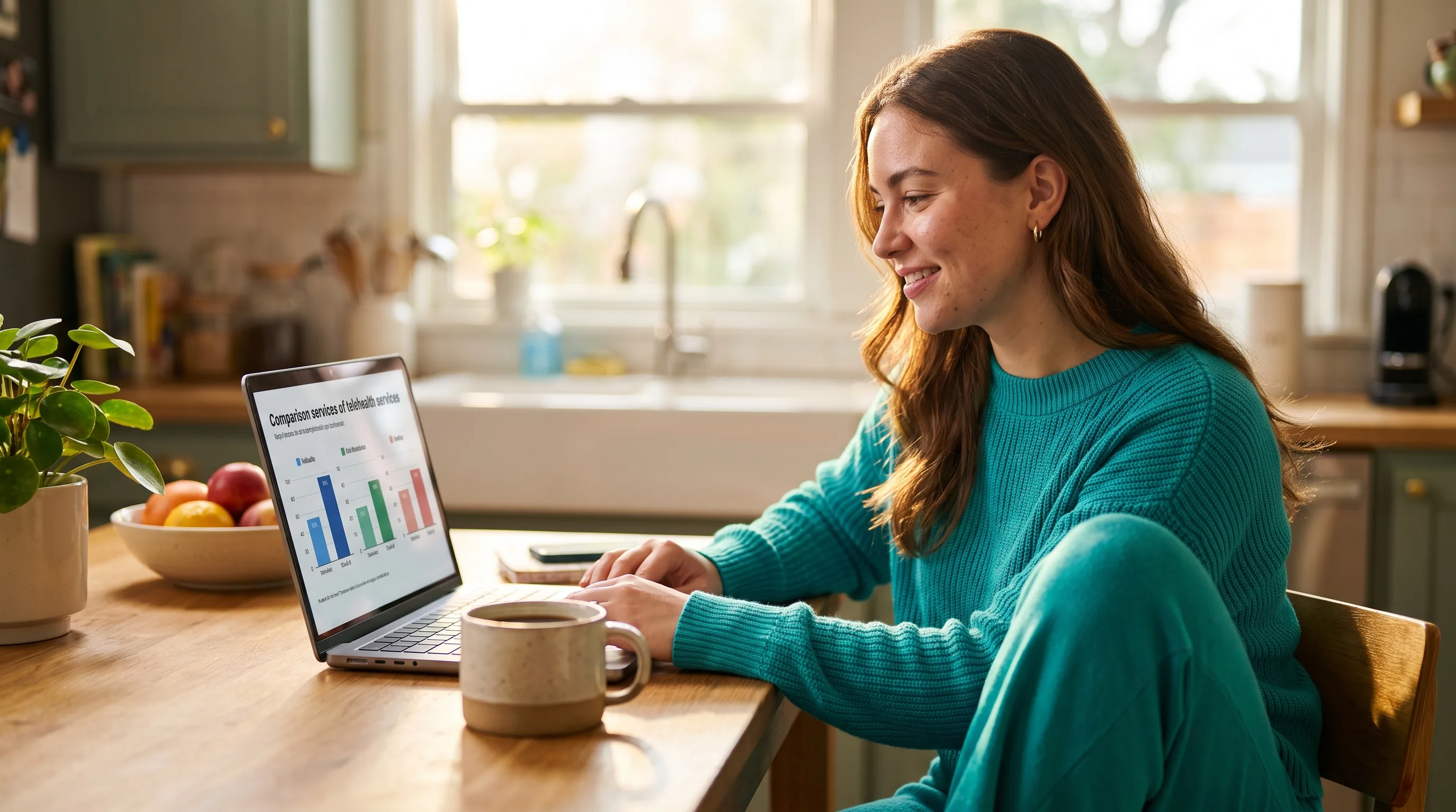 A relaxed young woman comparing telehealth options on a laptop at a bright kitchen table, coffee nearby