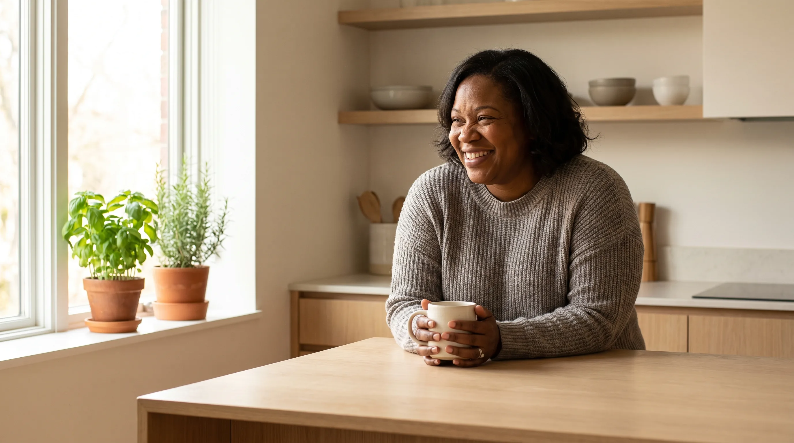 A woman laughing at home in a sunlit kitchen