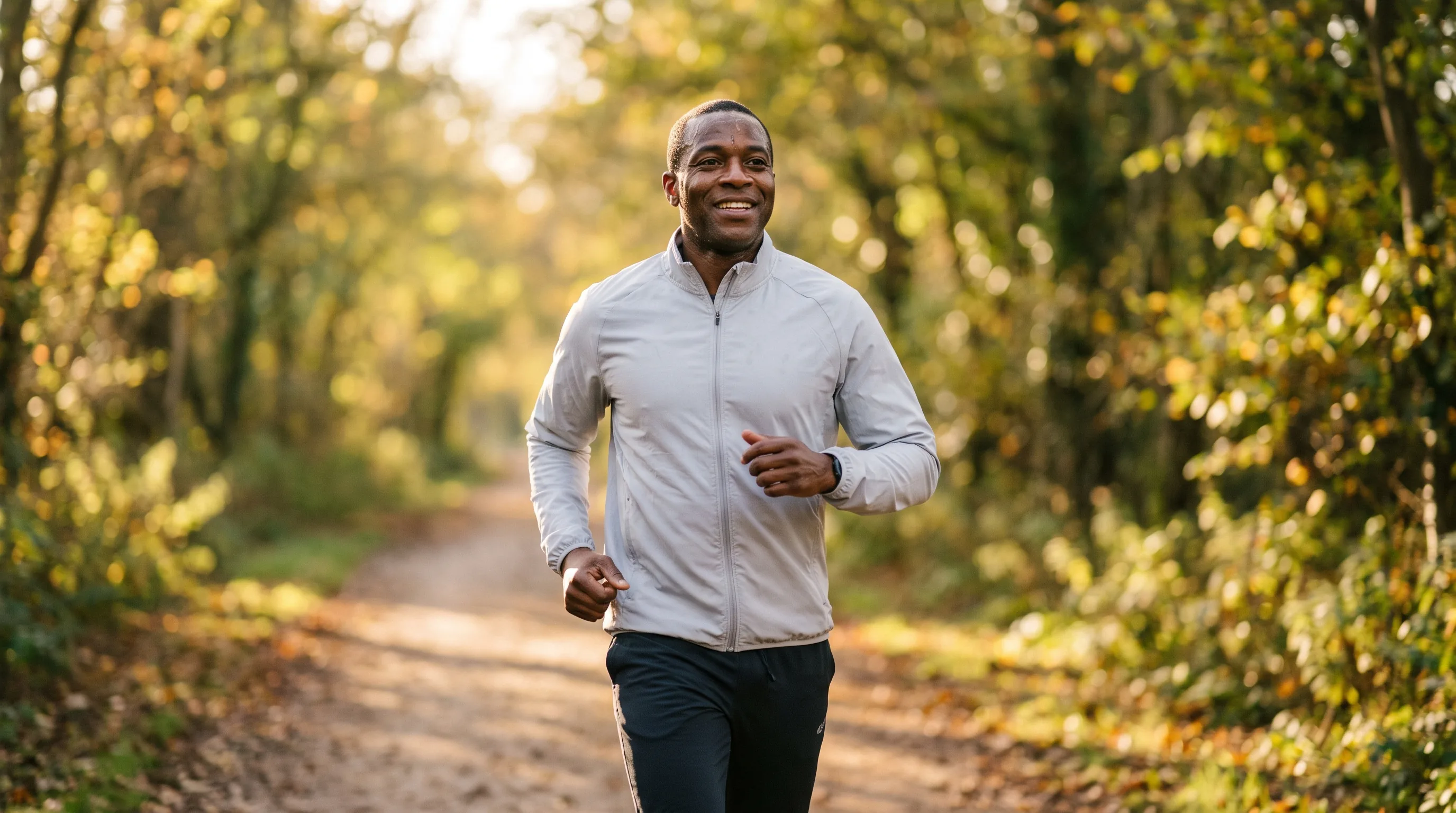A man walking briskly outdoors in morning light, an active metabolic-health lifestyle