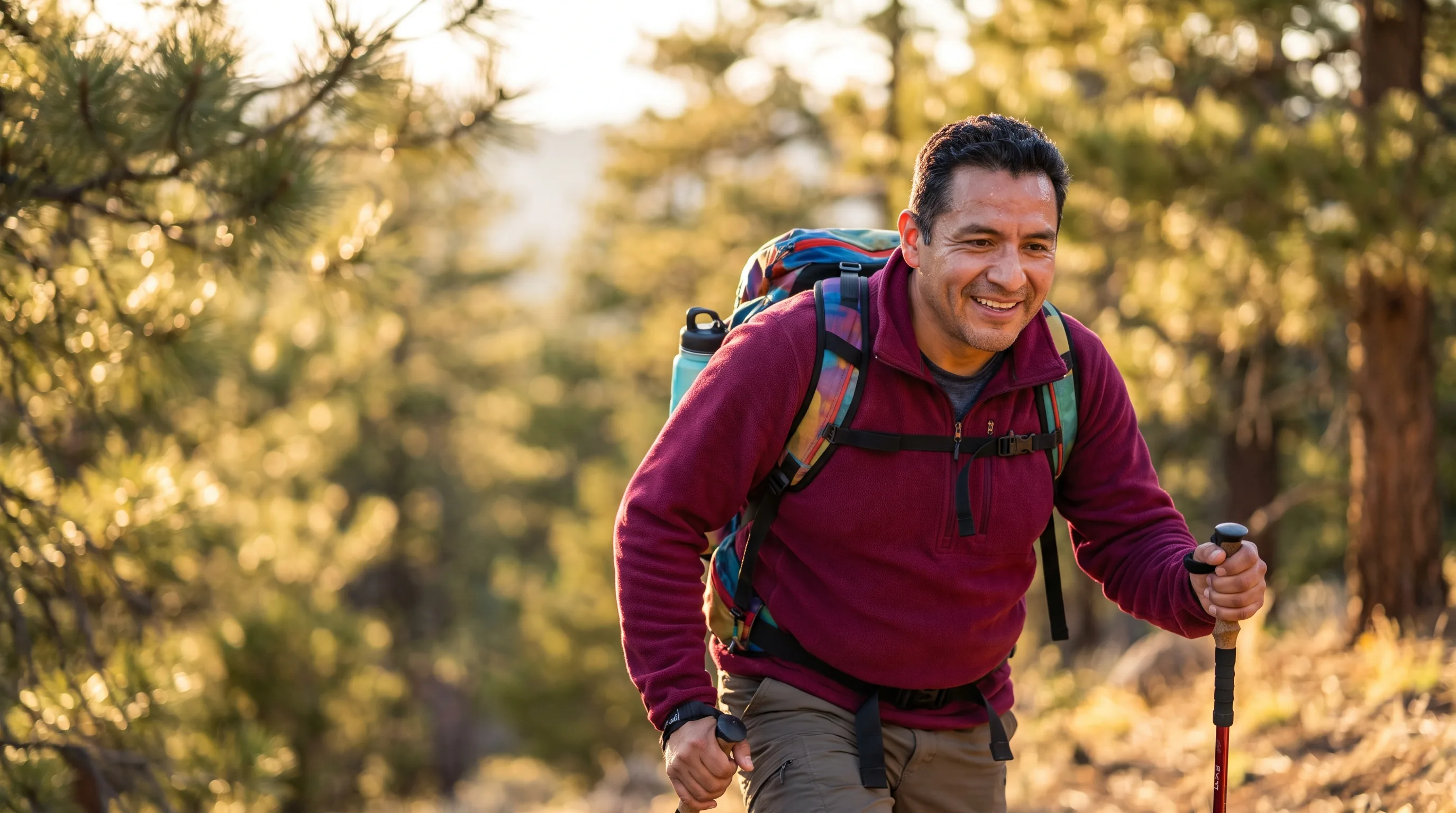 A man hiking a sunlit trail, energized and active