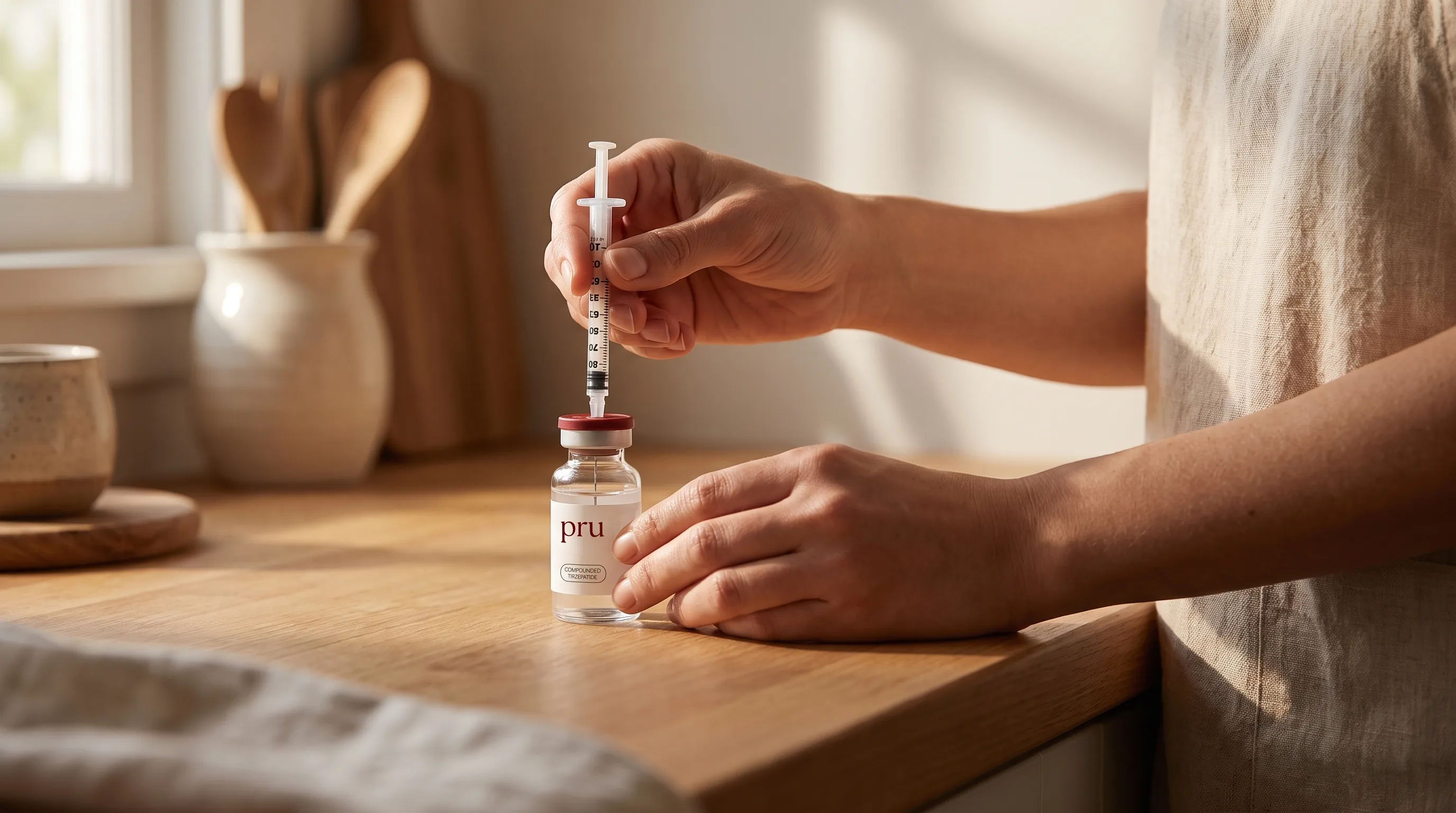 A person's hands drawing a dose of pru compounded tirzepatide with a U-100 insulin syringe at a home counter