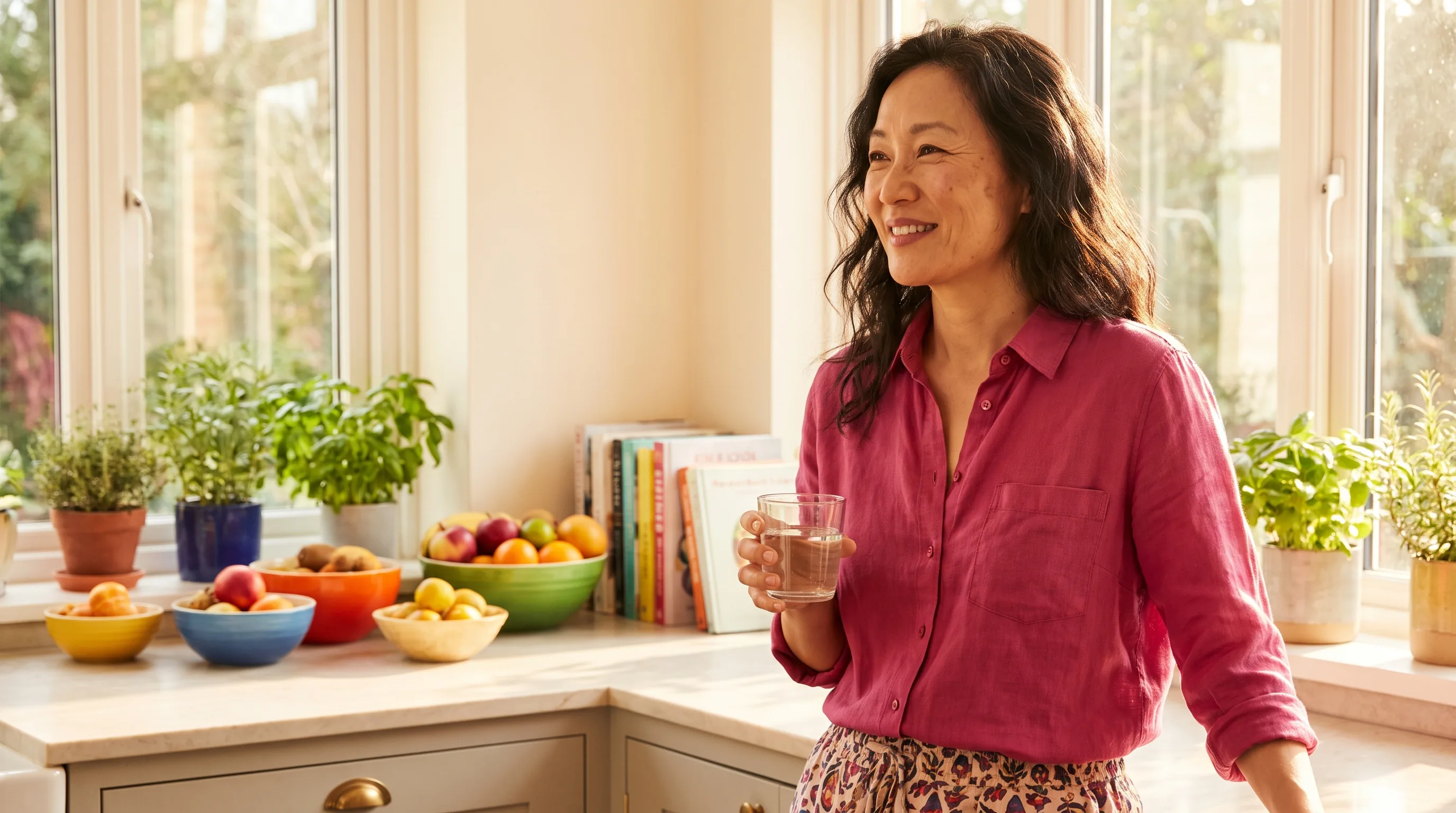 A warm, colorful photo of a smiling healthy woman in her forties standing in a bright sunlit kitchen, holding a glass of water and looking relaxed and well.