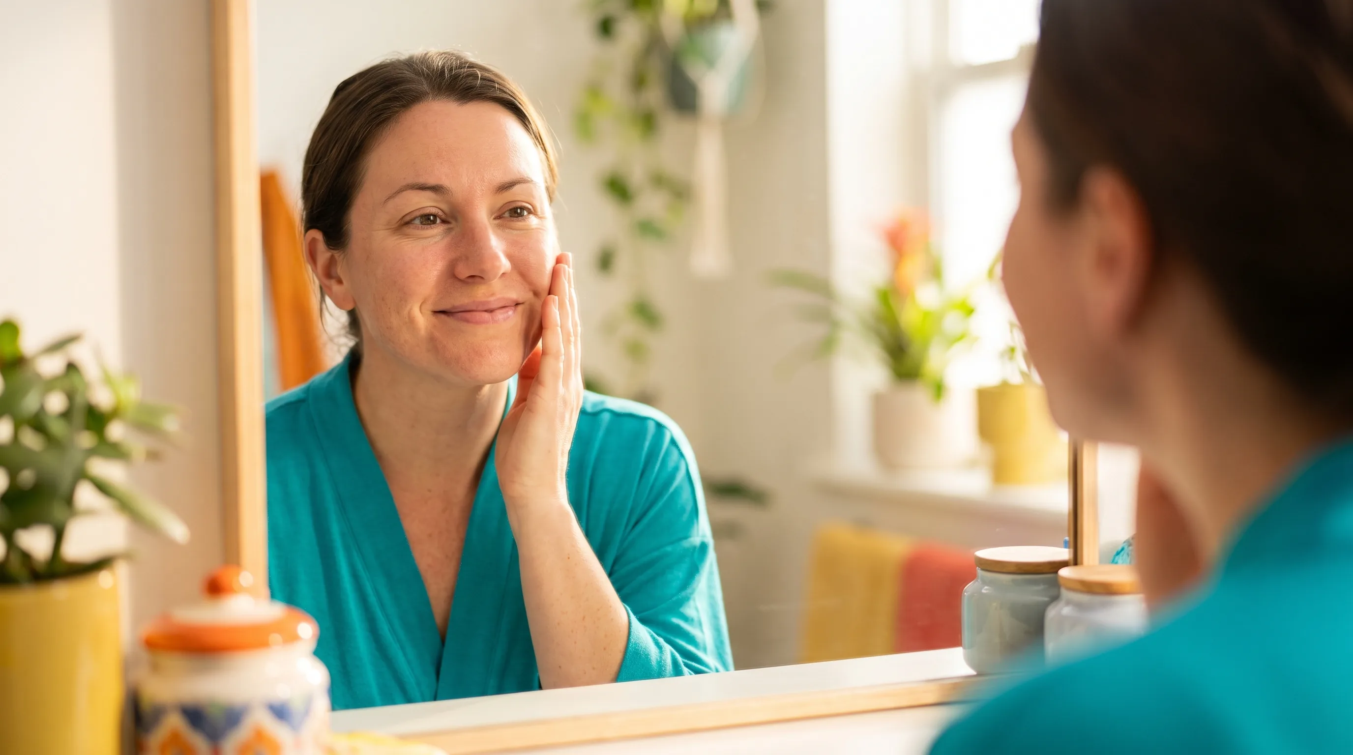 A woman touching her clear, healthy skin at a mirror, a calm skincare moment