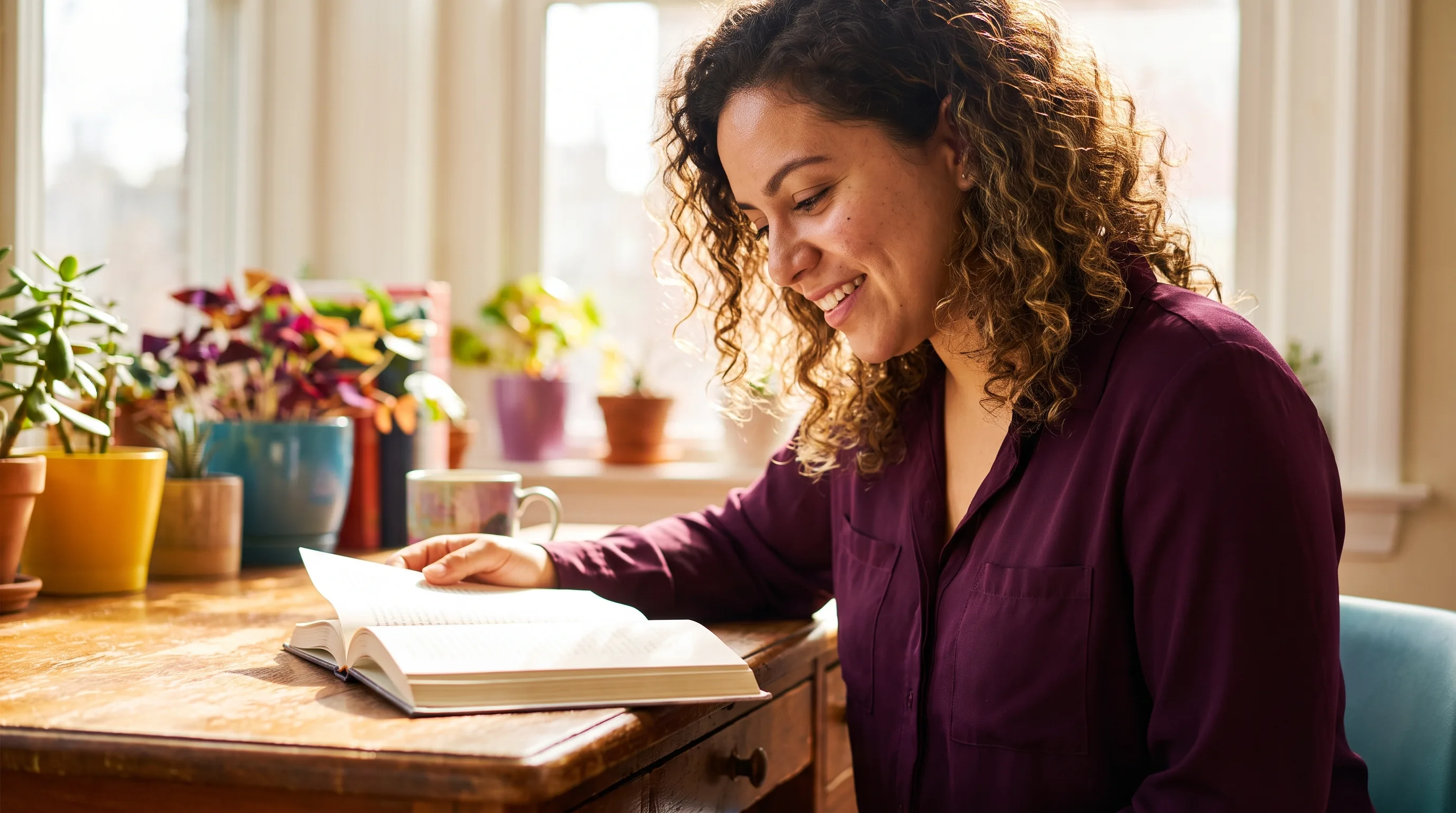 A focused woman in her early 30s reading at a sunlit desk, calm and clear-headed while she works
