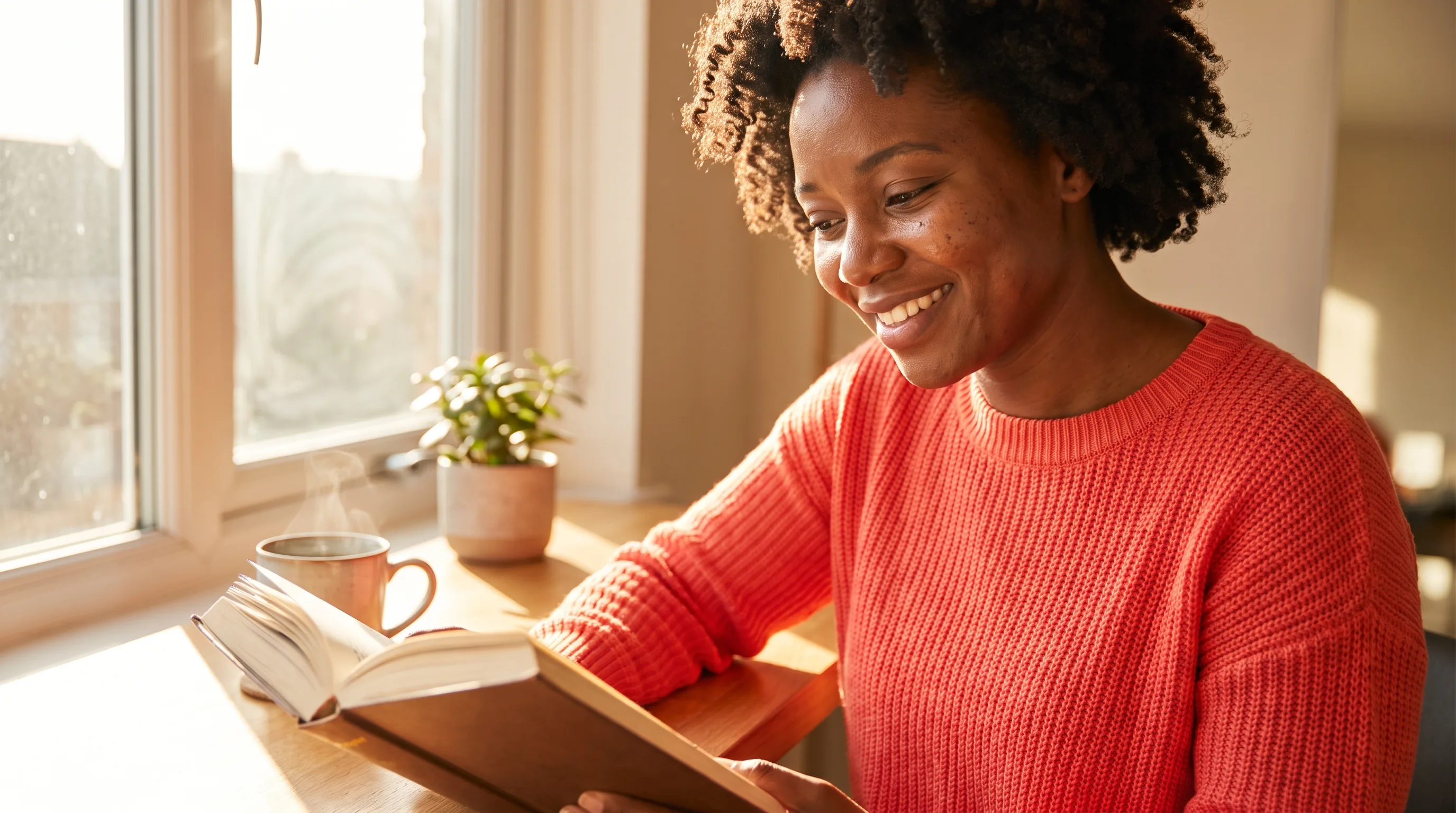 A focused knowledge worker in her early 30s reading at a sunlit desk with a clear, calm head