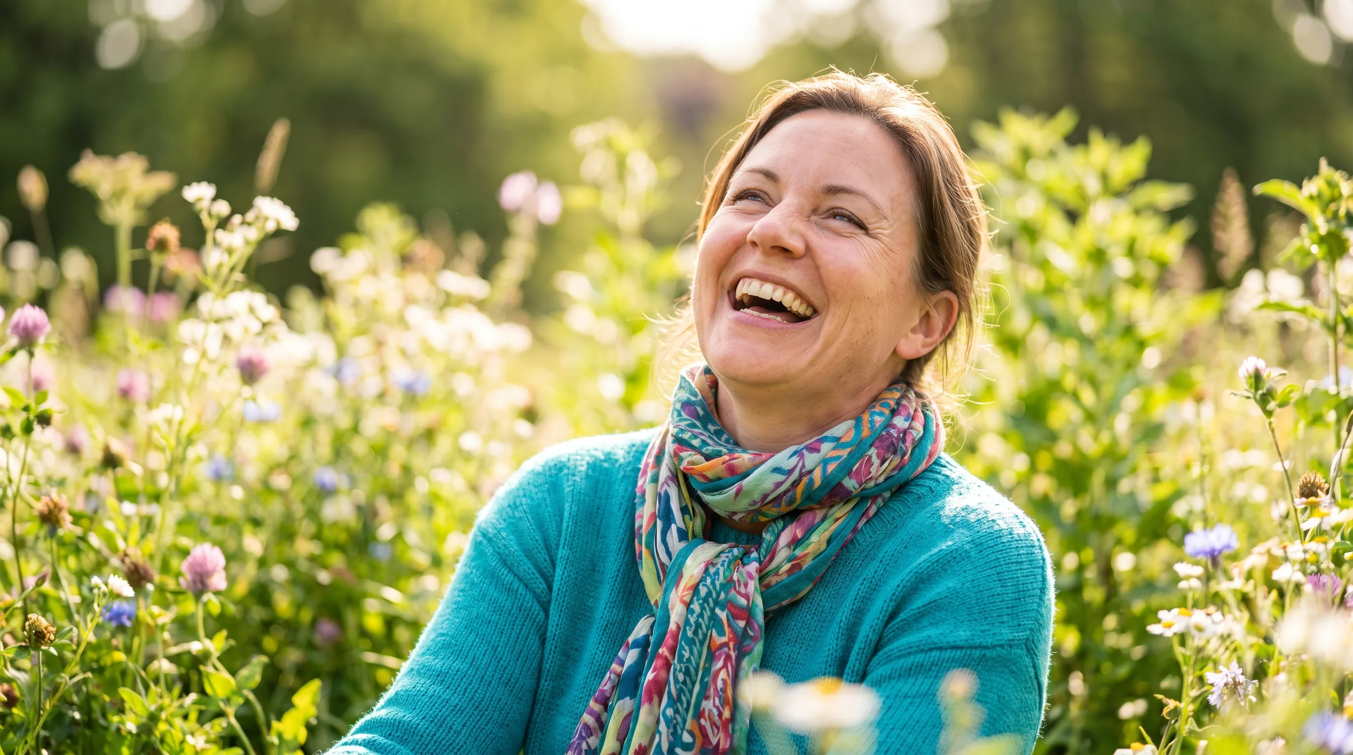 A cheerful, healthy woman in her forties laughing outdoors in bright morning sunlight, colorful and full of energy.