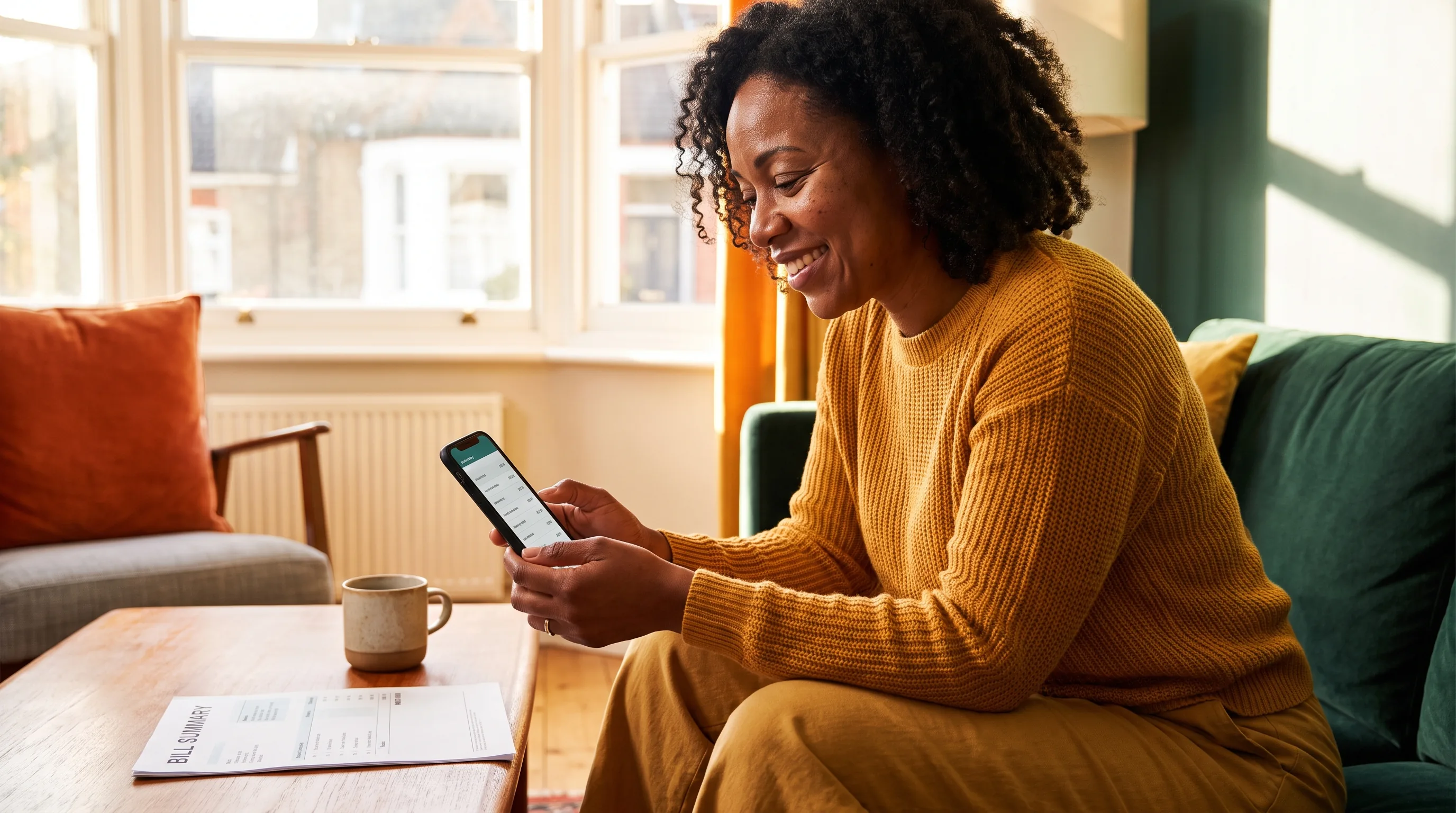 A cheerful woman in her forties smiling at her phone in a sunlit living room, relaxed after checking a clear, itemized bill.