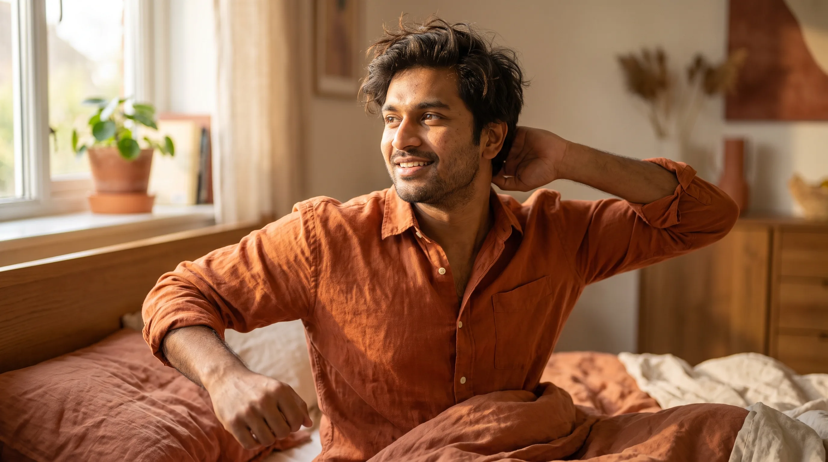 A rested adult waking to soft morning light, calm and clear-headed after a full night of sleep
