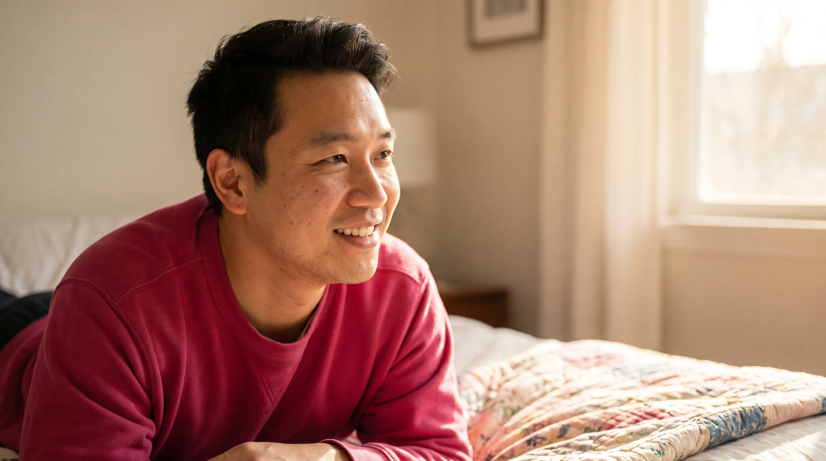 A rested adult waking to soft morning light, calm and clear-headed after a full night of sleep