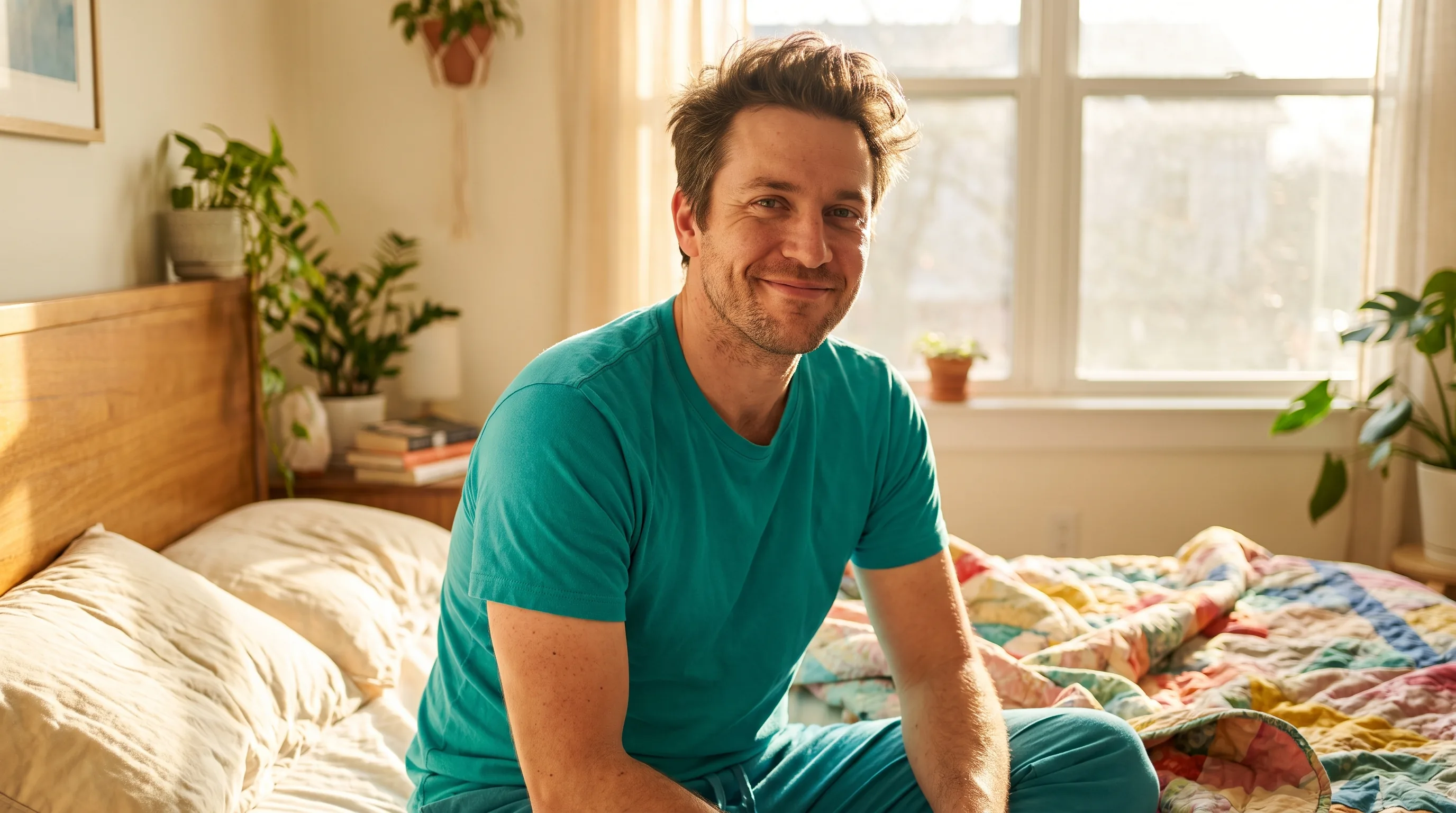 A person waking rested and clear-headed in soft morning light, calm and unhurried after a full night of sleep