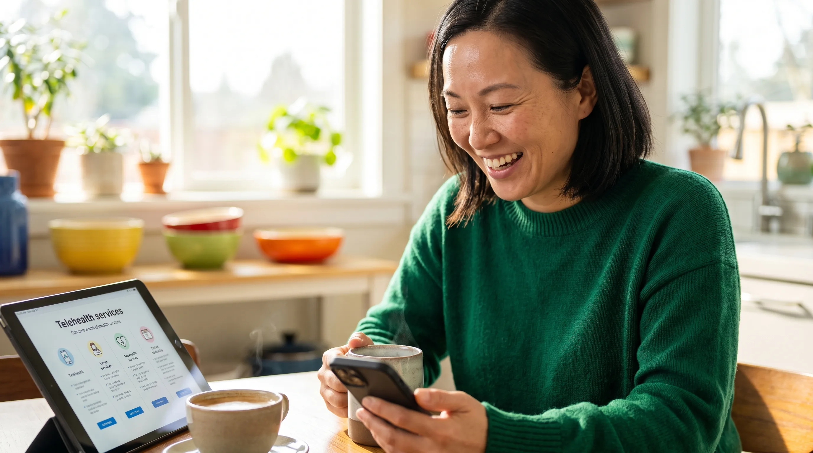 A cheerful, healthy woman in her thirties smiling at her phone in a sunlit kitchen, comparing telehealth options over morning coffee
