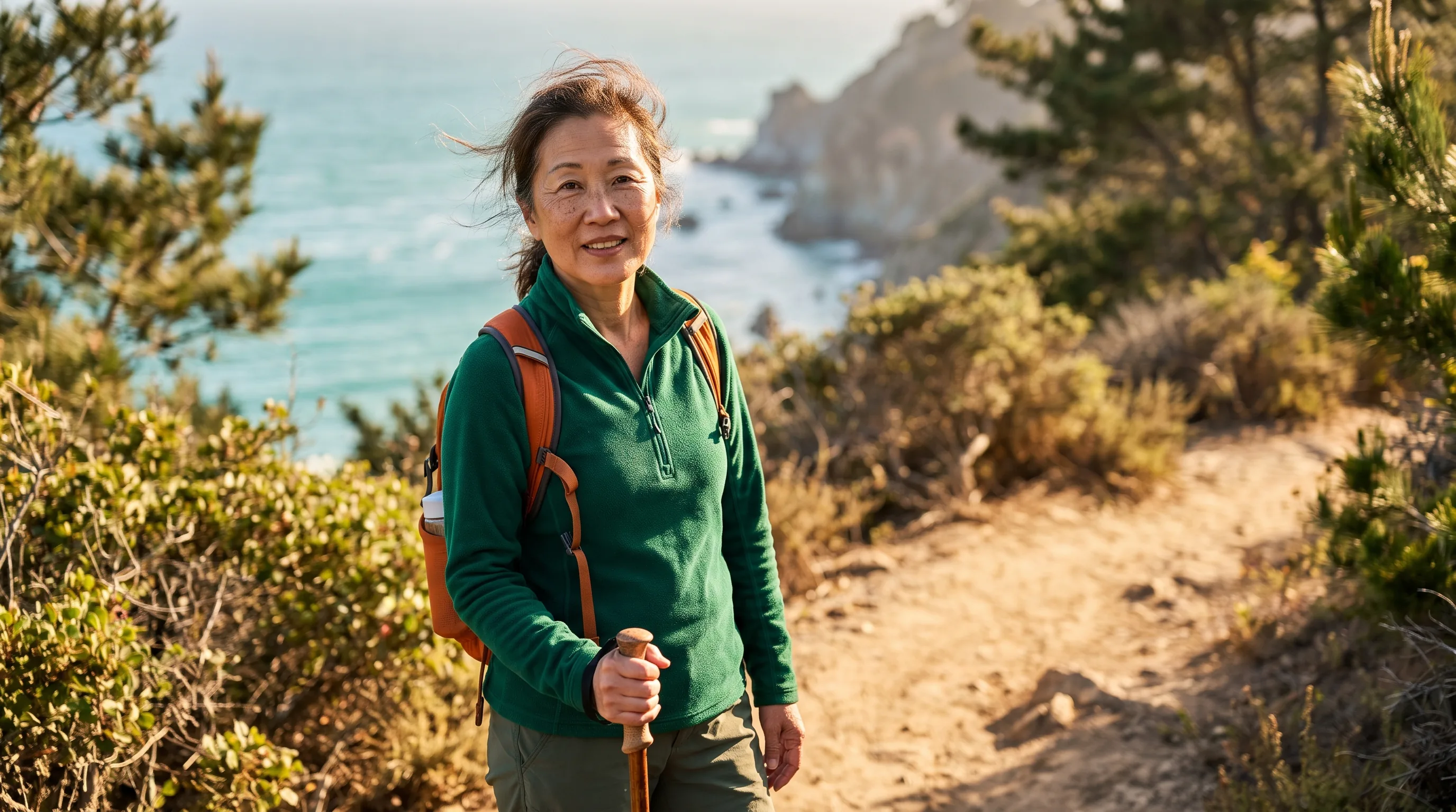 A vital woman in her late fifties hiking a sunlit coastal trail at golden hour, smiling, relaxed, and energized
