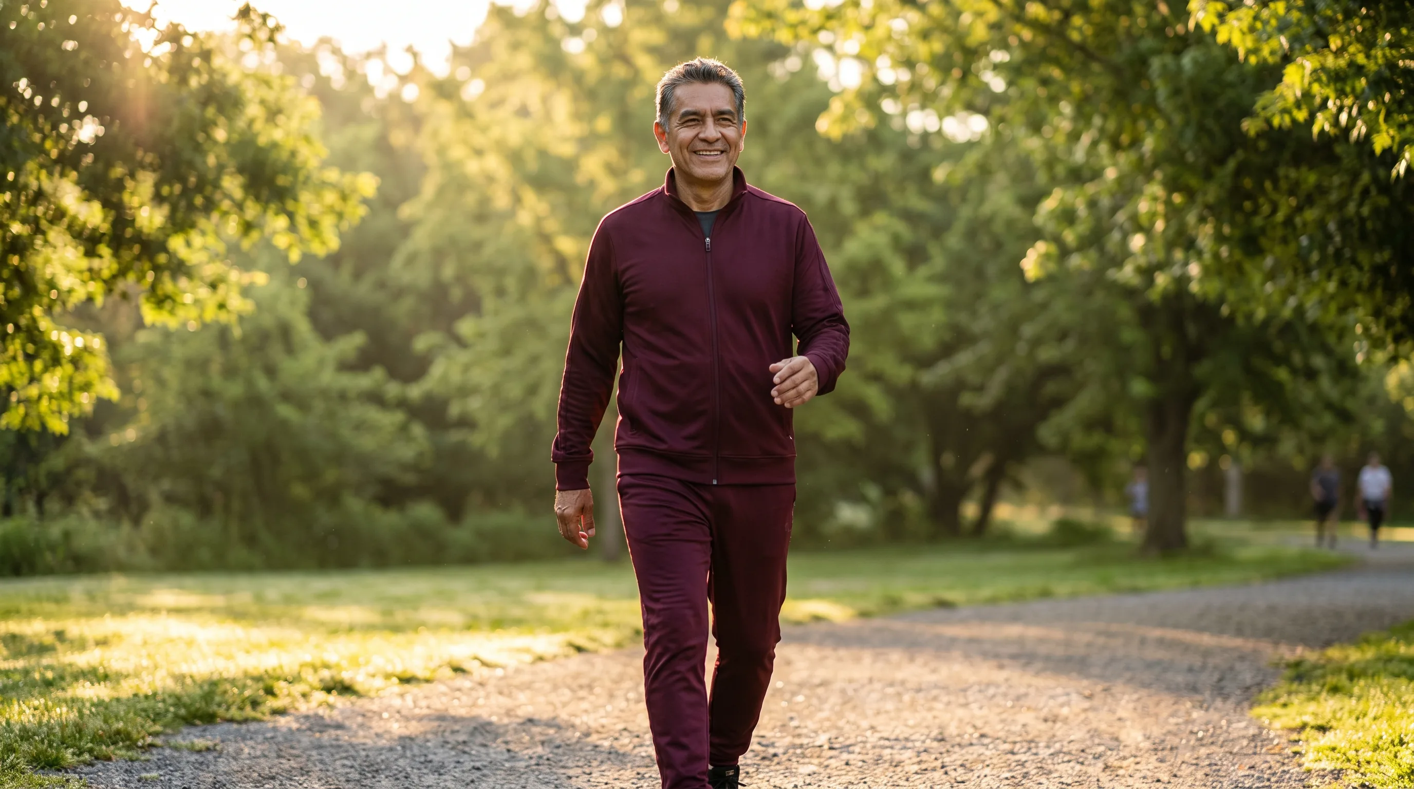 An active man around age 60 walking briskly through a bright green park at sunrise, calm, healthy, and full of energy