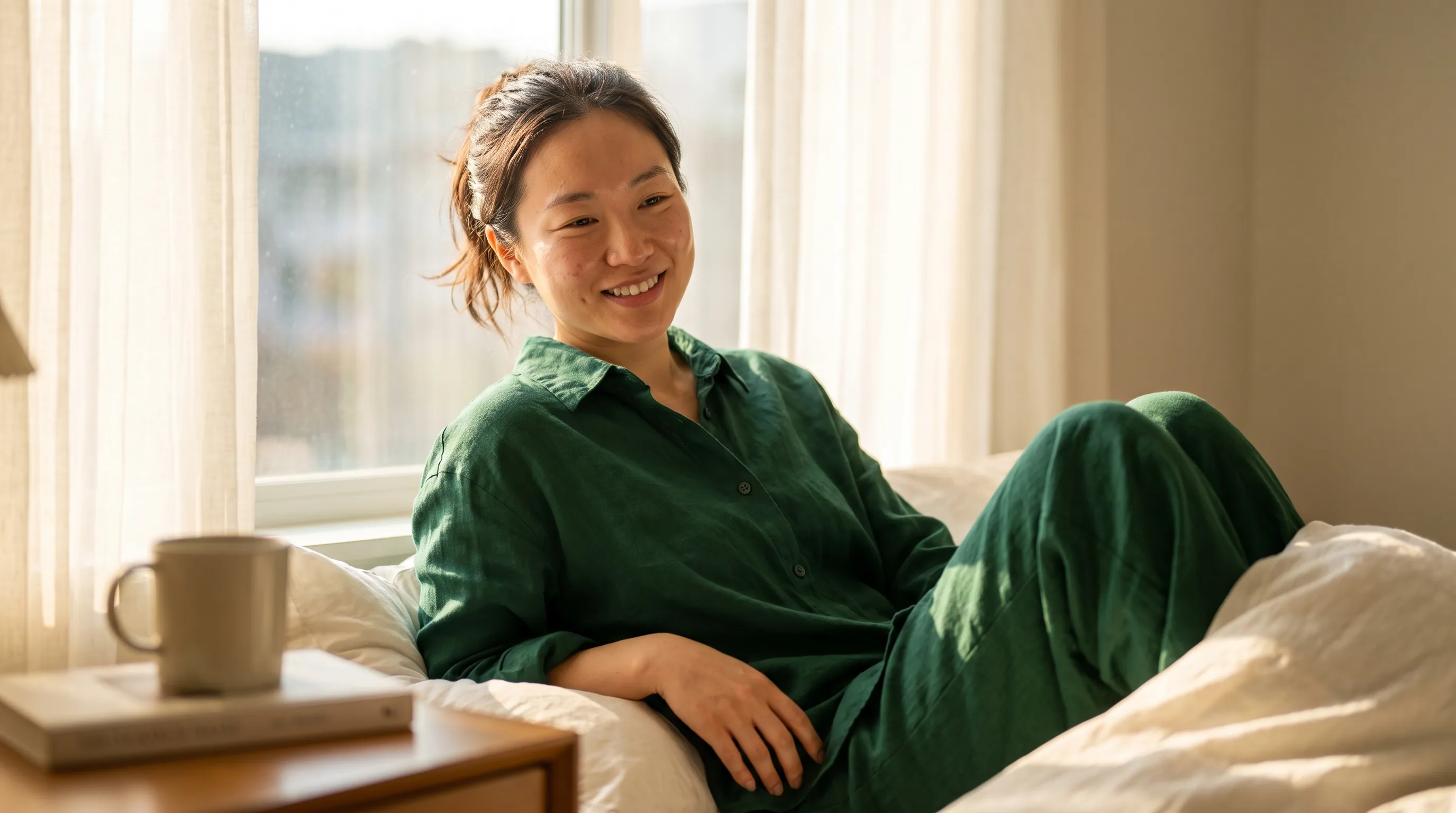 A rested adult waking to soft morning light by a window, calm and clear-headed after a full night of deep sleep