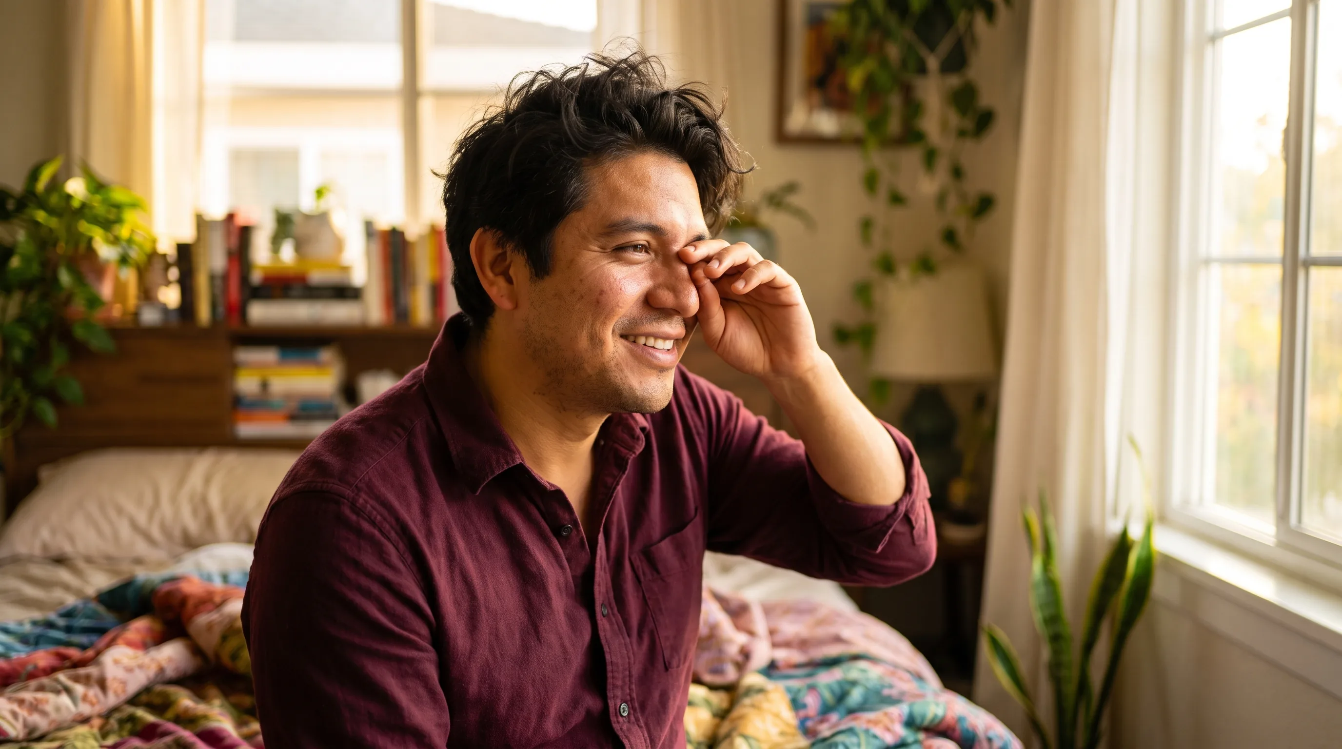 A rested adult waking to soft morning light by a window, calm and clear-headed after deep sleep
