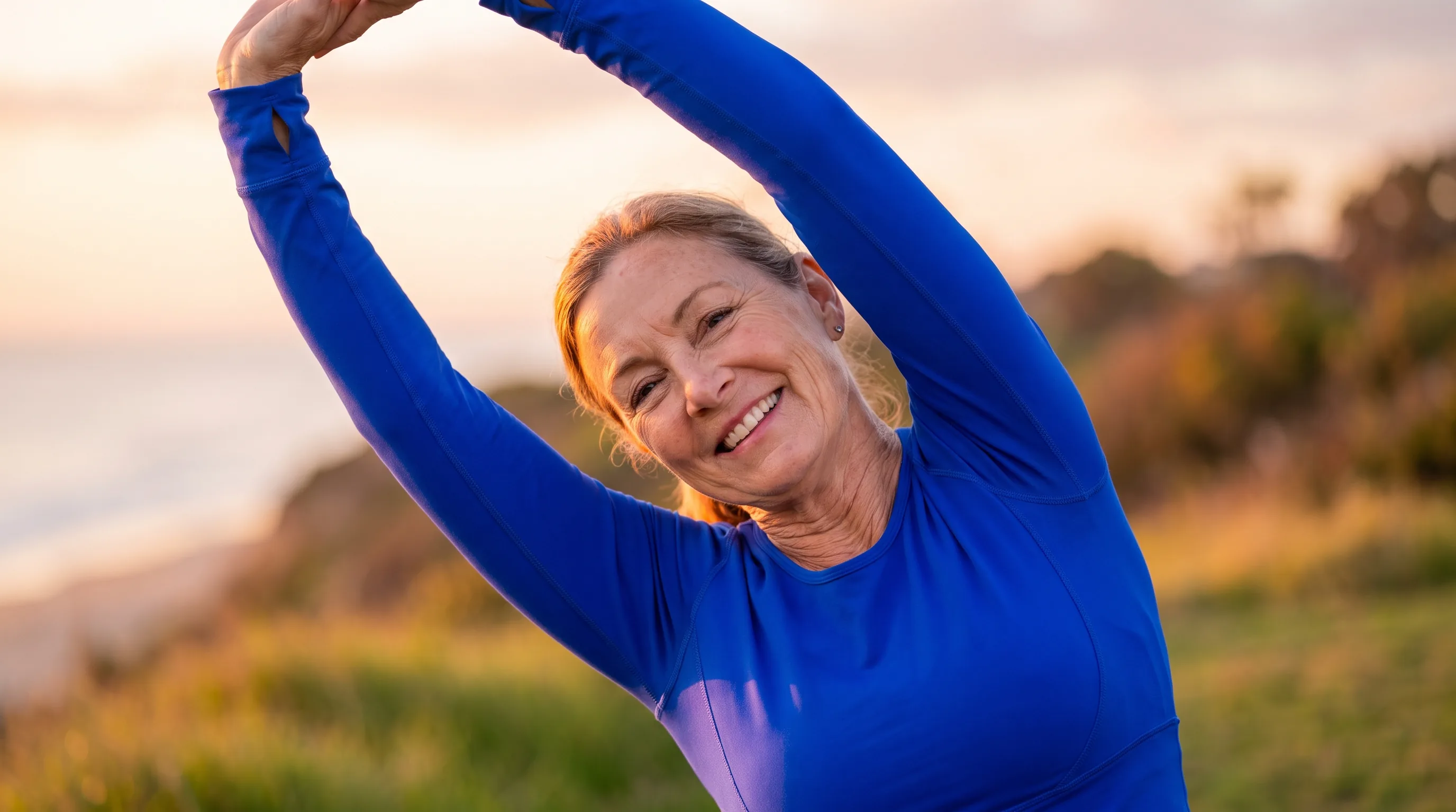 A vital adult in their late 50s stretching outdoors at sunrise, relaxed and energized, warm natural light