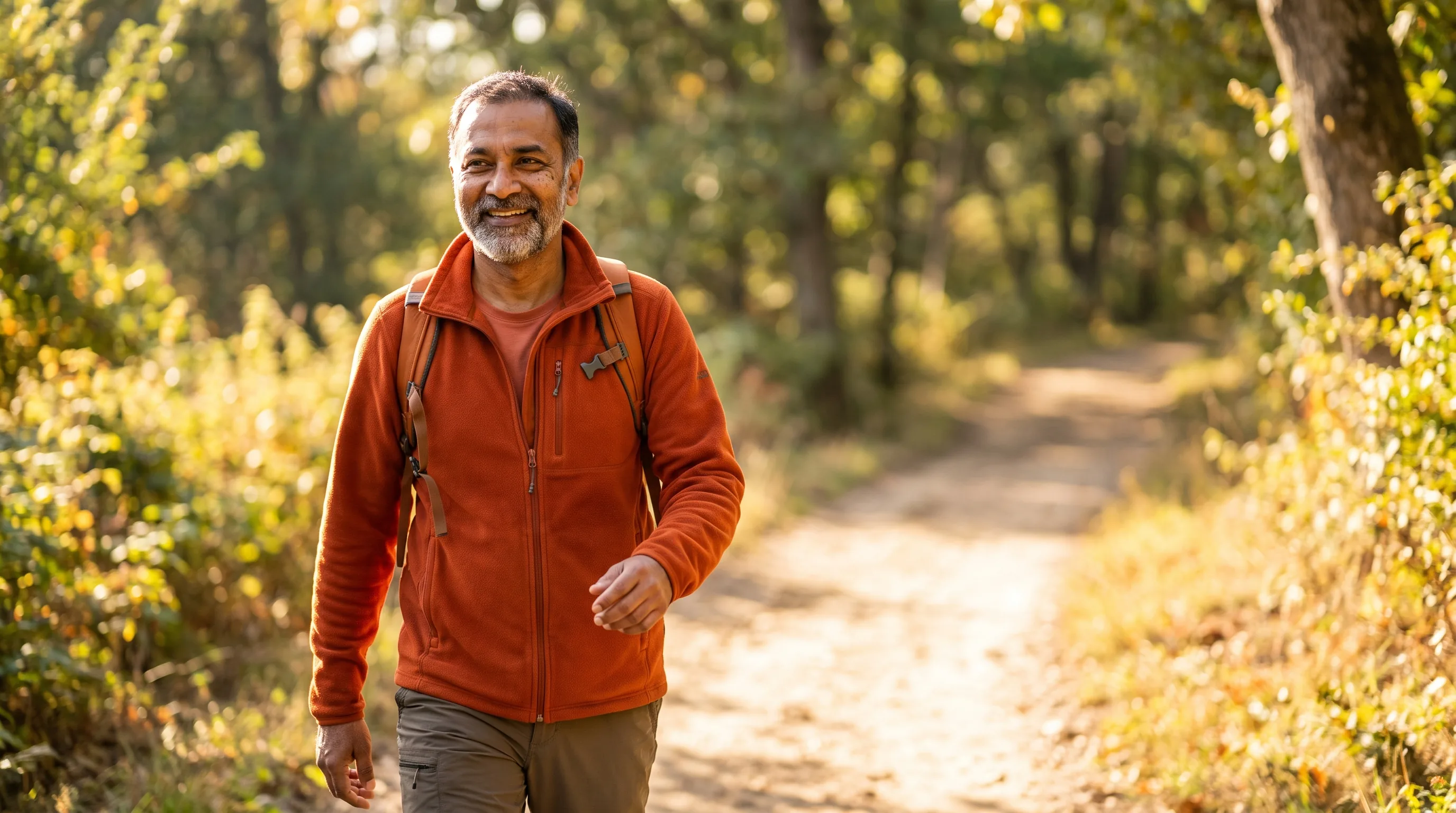 A vital, active adult in their late 50s walking outdoors on a bright morning trail, calm and energized, sunlight on their face