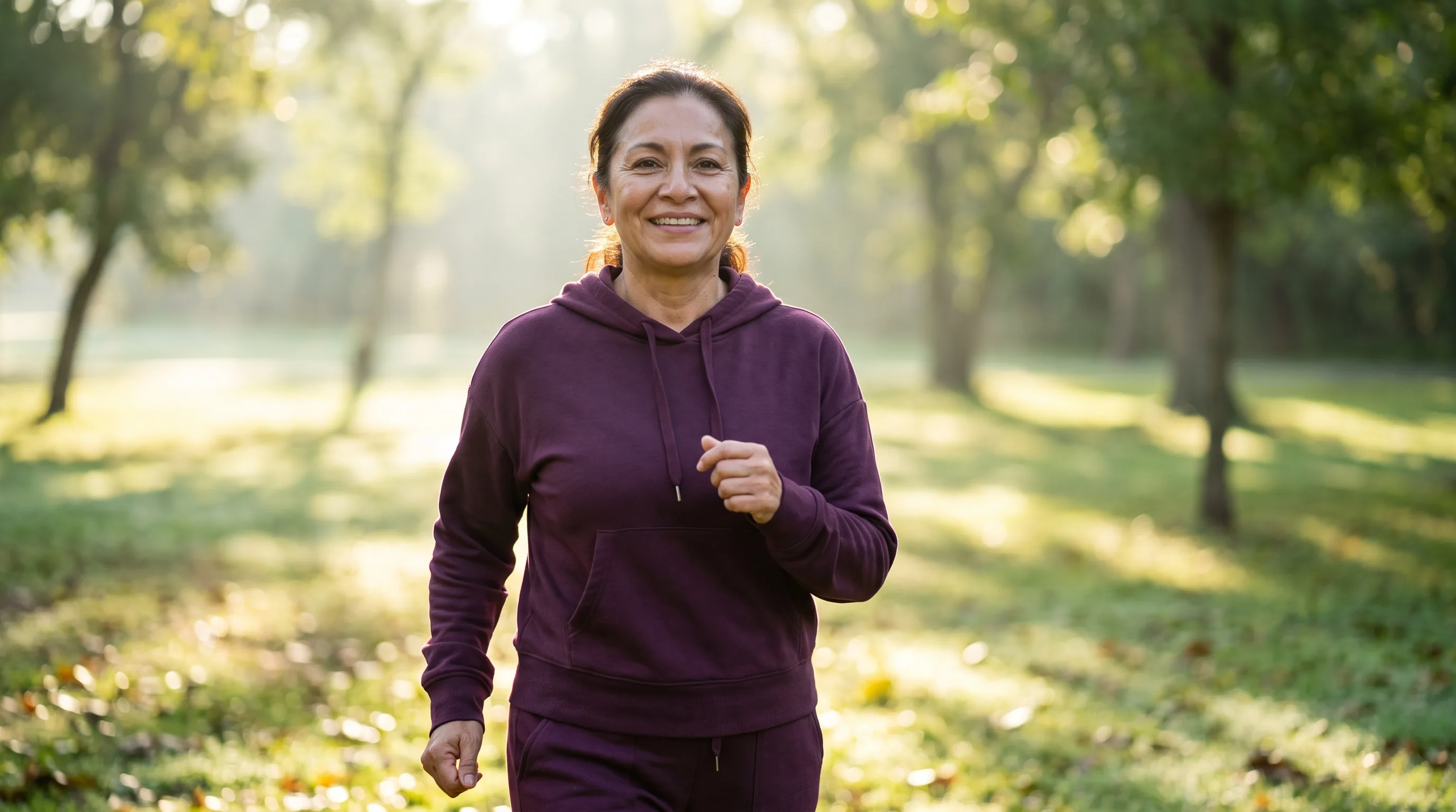 A vital woman in her late fifties on an early-morning walk in a sunlit park, calm and energized, breathing easy
