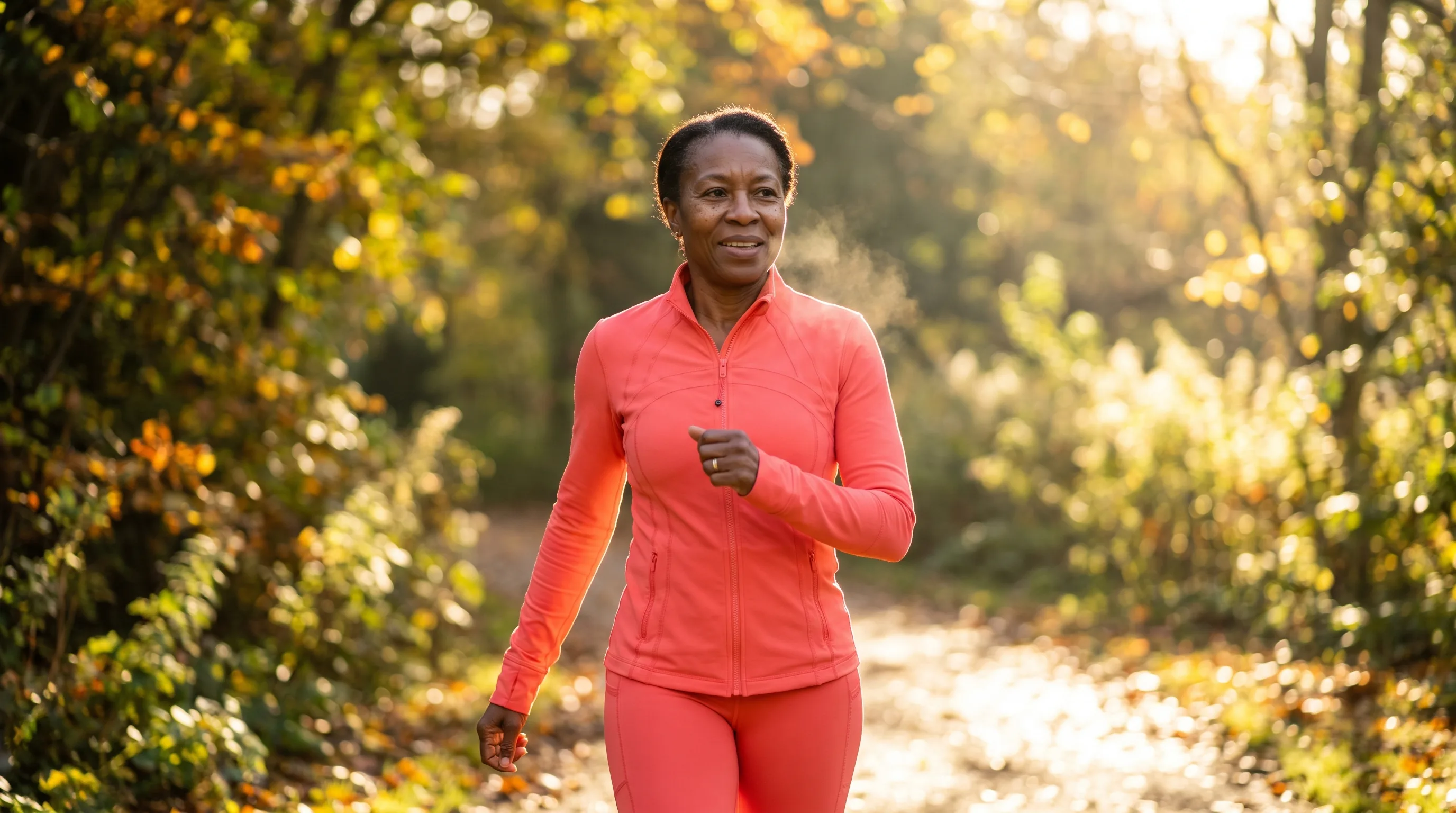A vital woman in her late fifties on an early-morning walk in a sunlit park, calm and energized, breathing easy