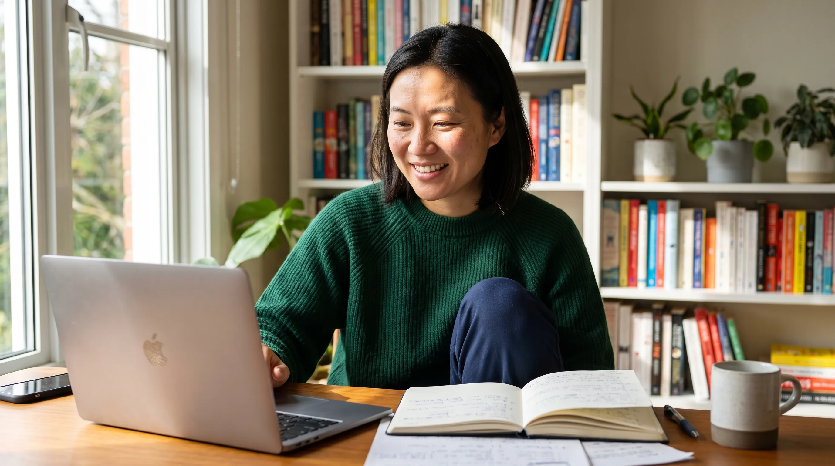 A careful newcomer in their thirties researching peptide regulations at a laptop in a calm, well-lit home office, a notebook open beside them.